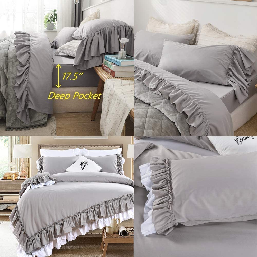 Price:$47.99 House Ruffle Bed Sheet Set 4-Piece Grey Bedding Set King Size and Luxury Vintage Gray Duvet Cover King Size Bundle : Home & Kitchen