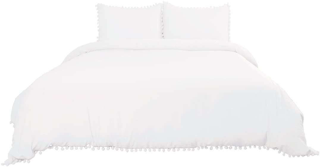 Price:$45.19 Duvet Cover Set with Pompon Tassels,Soft Washed Polyester Bedding 3 Piece Set,Solid Color Comforter Cover Set with 2 Pillow Shams,Zipper Closure&Corner Ties King White : Home & Kitchen