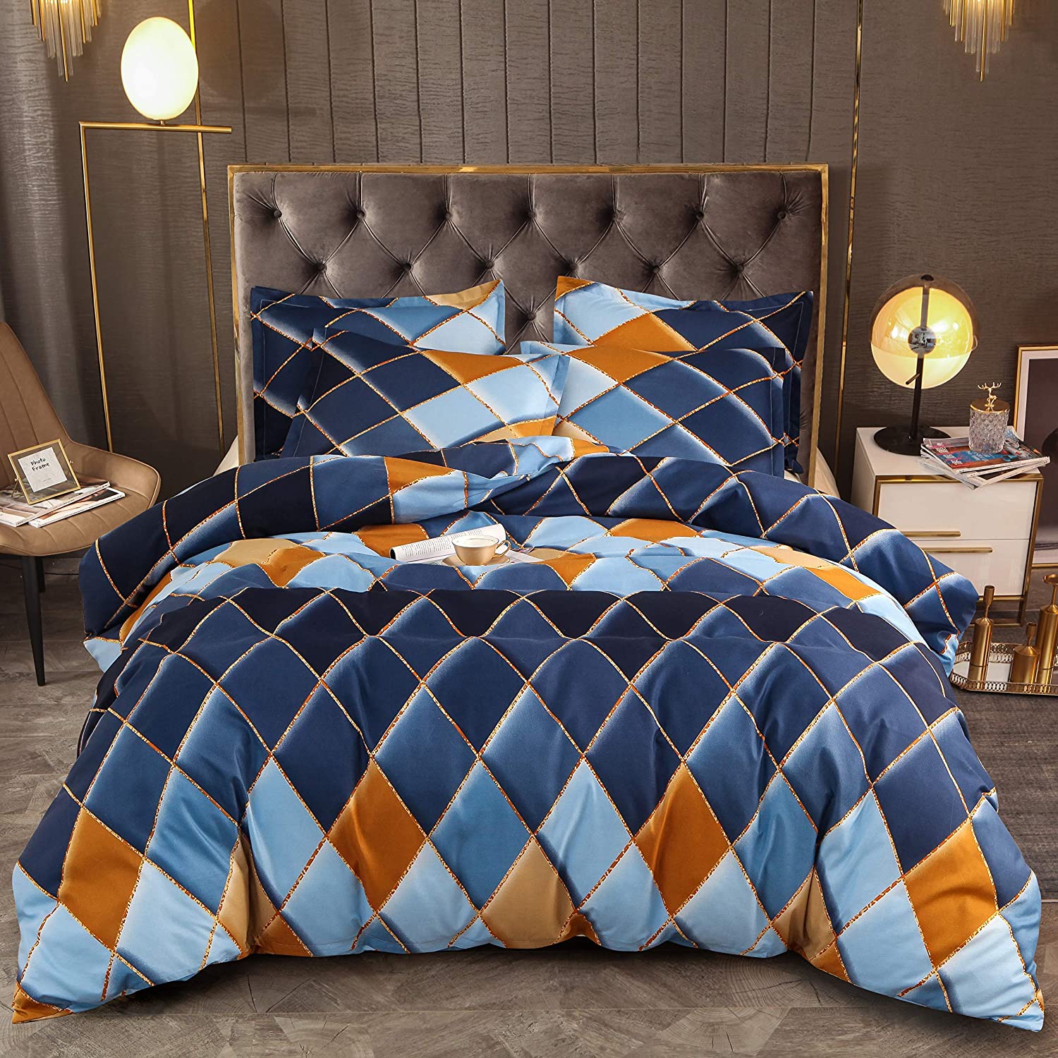 Price:$19.99 Long Sheng Duvet Cover Set with Zipper Closure Ties, Soft Microfiber Color Rhombus Pattern Printed (Queen Size 1 Duvet Cover 2 Pillow Cases) : Home & Kitchen