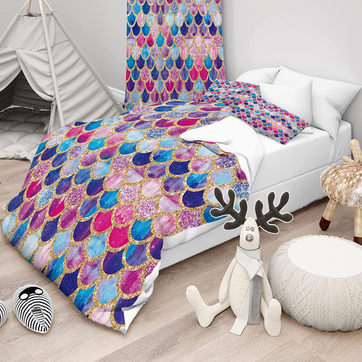 Price:$44.99 Fish Scale Duvet Cover Set Queen Size Winndow Curtains for Boys Kids, Mermaid Girly Lilac Tail Colorful Purple Pink Blue Ocean 3 Piece Bedding Set Beautiful Children Comforter Set Drapes. : Home & Kitchen