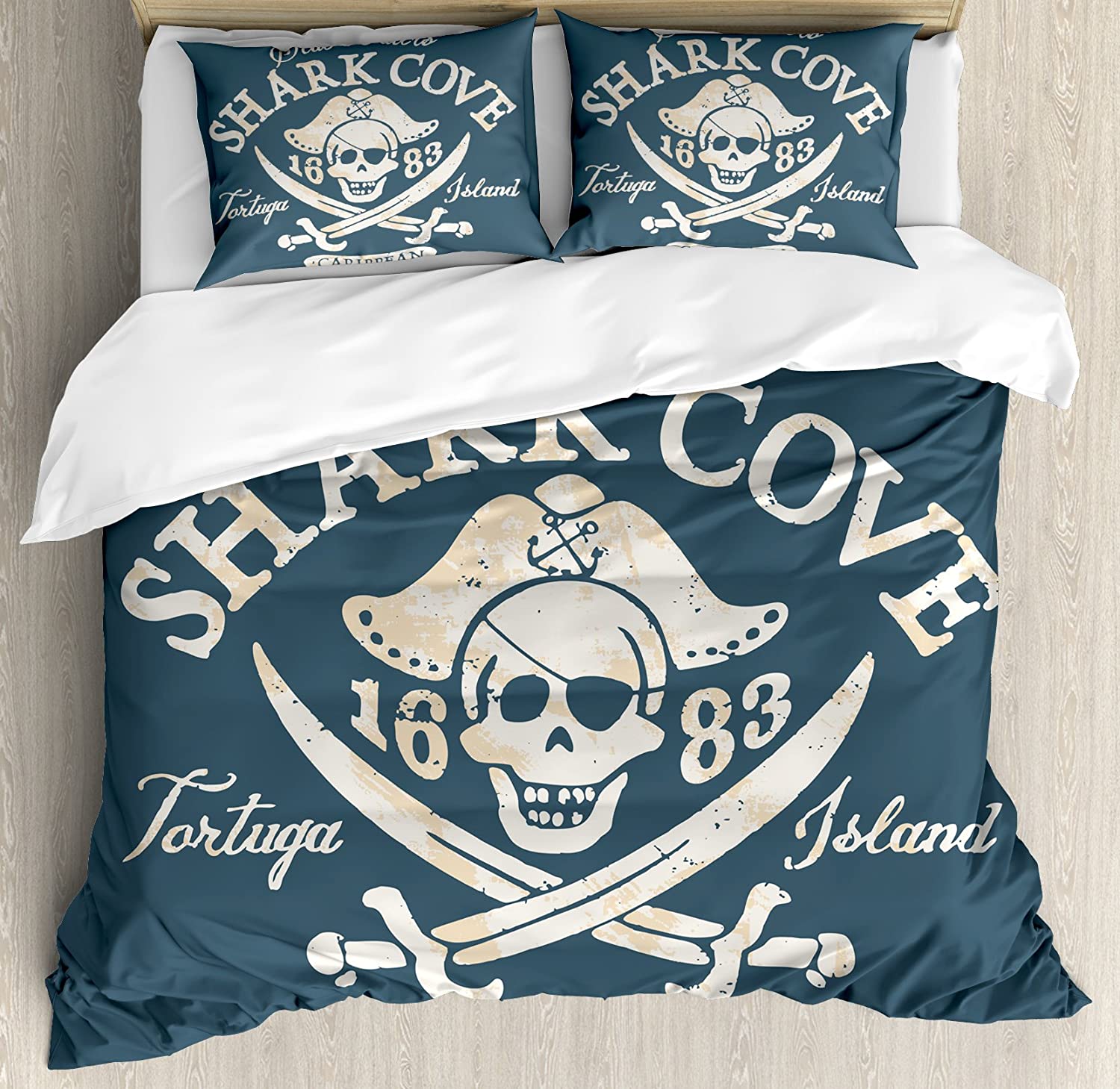 Price:$89.95 Pirate Duvet Cover Set, Shark Cove Tortuga Island Caribbean Waters Retro Jolly Roger, Decorative 3 Piece Bedding Set with 2 Pillow Shams, King Size, Mustard Blue : Home & Kitchen