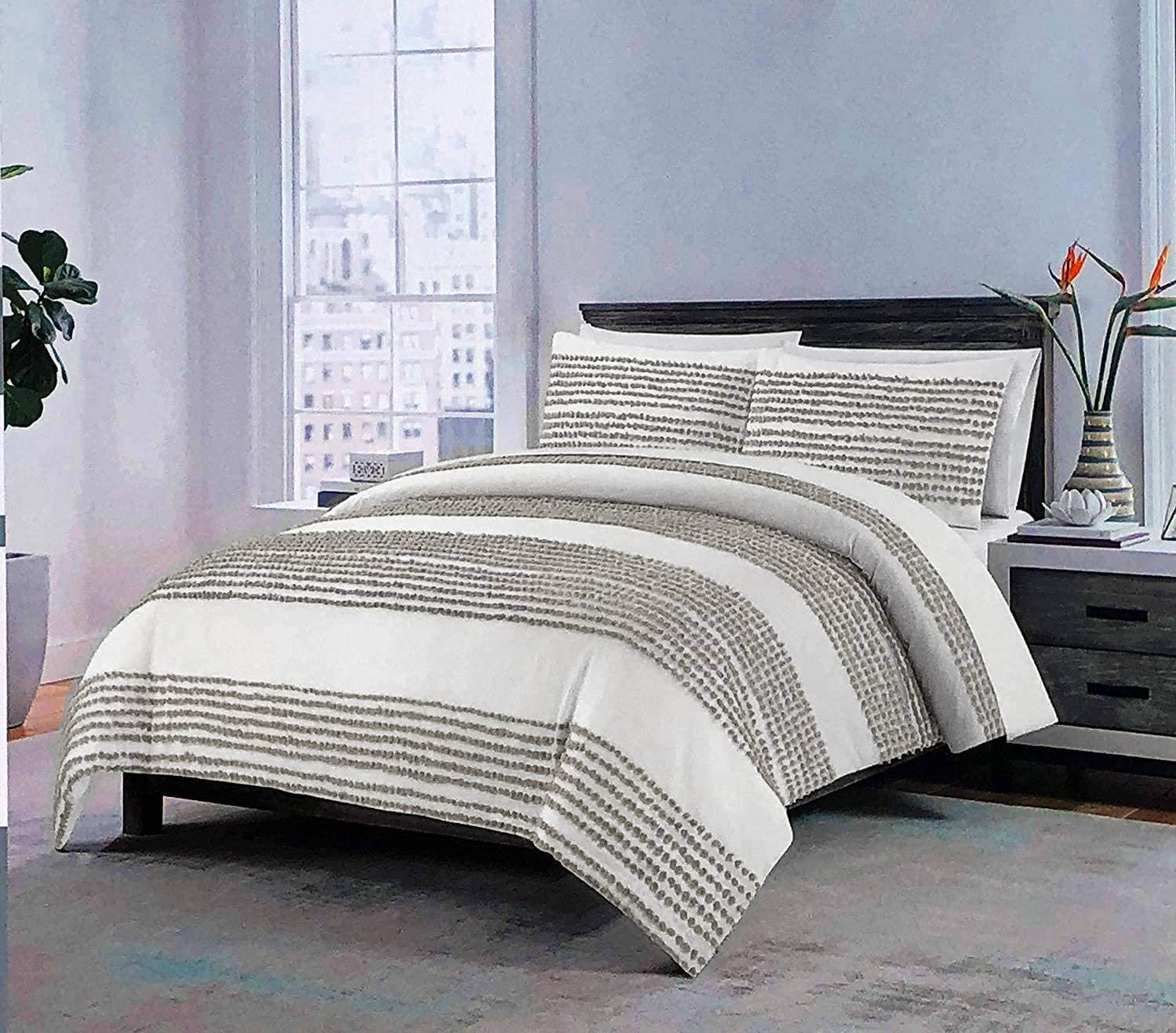 Price:$149.70 Studio 3pc Duvet Set Grey Tufts Arranged in Horizontal Stripes on White 100% Cotton Luxury Comforter Cover Shams Set (Queen) : Home & Kitchen