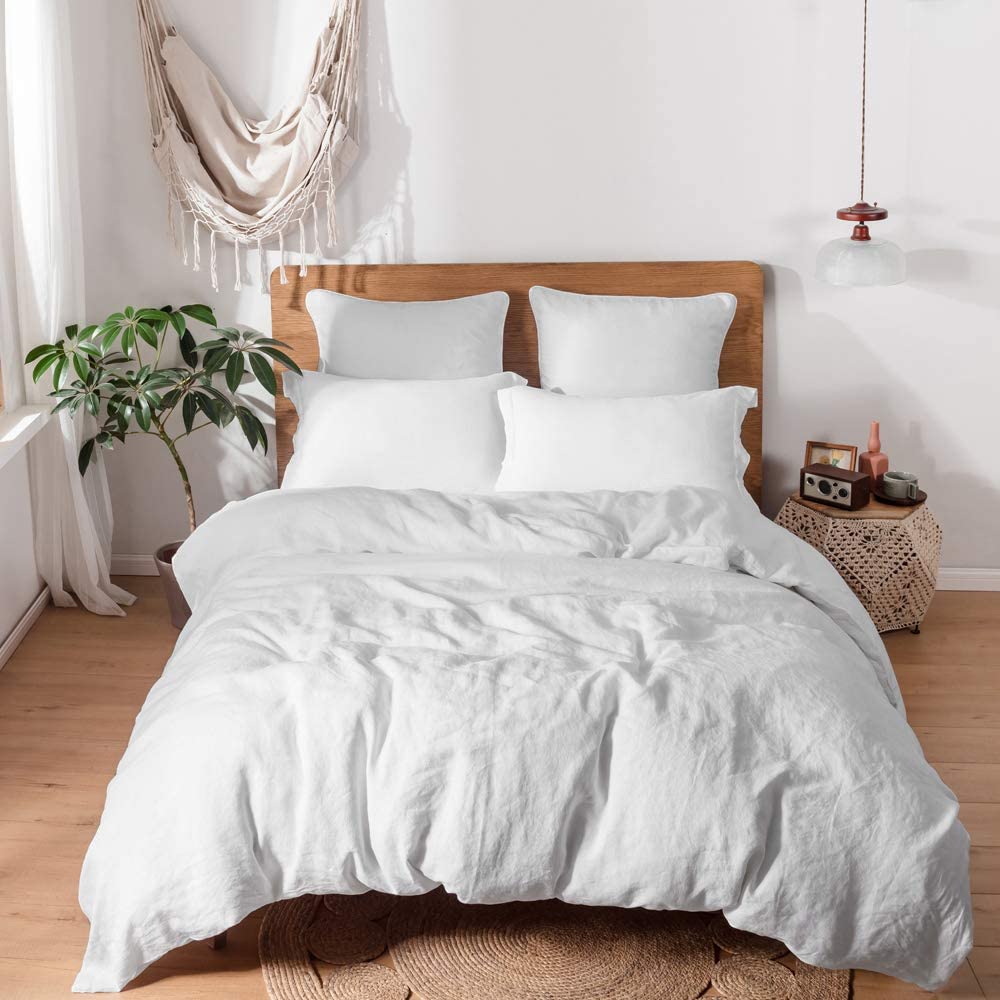 Price:$34.29 100% Linen Duvet Cover Set Queen 3 Pieces Solid Color Basic Style Bedding Set+2 Euro Shams 26"x26",White : Home & Kitchen