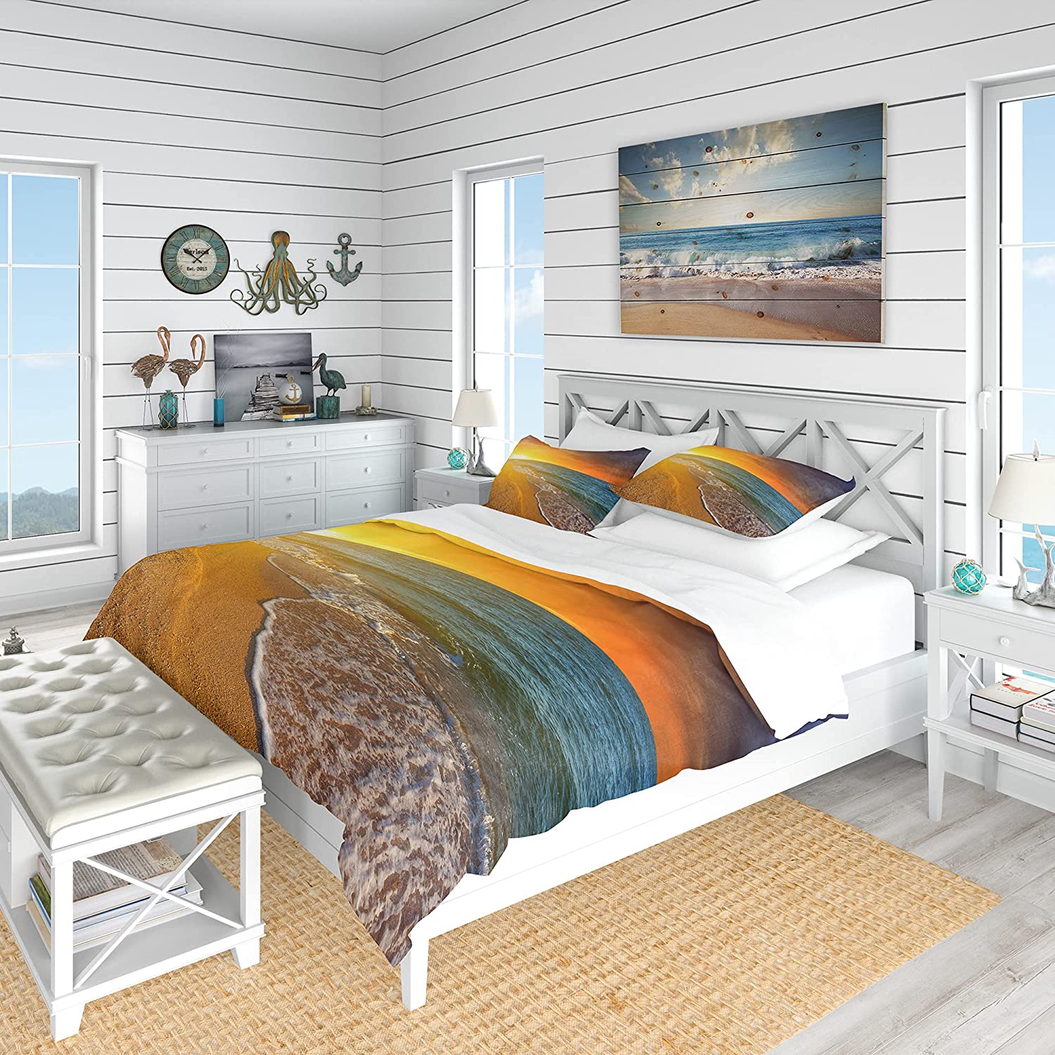 Yellow Sky in Blue Beach' Coastal Duvet Cover Set : Home & Kitchen