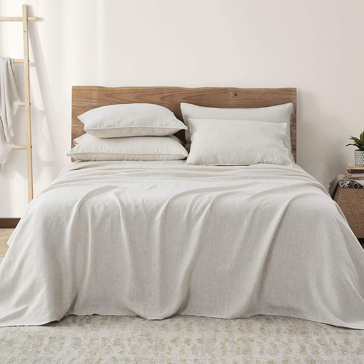 Price:$129.99 French Linen Bed Sheets, 4 Piece 100% Stone Washed Linen Bed Sheet Set for Queen Size Bed, Moisture Wicking Cool Sheet Set for Hot Sleepers (Queen, 90” x102”, Flaxen) : Home & Kitchen