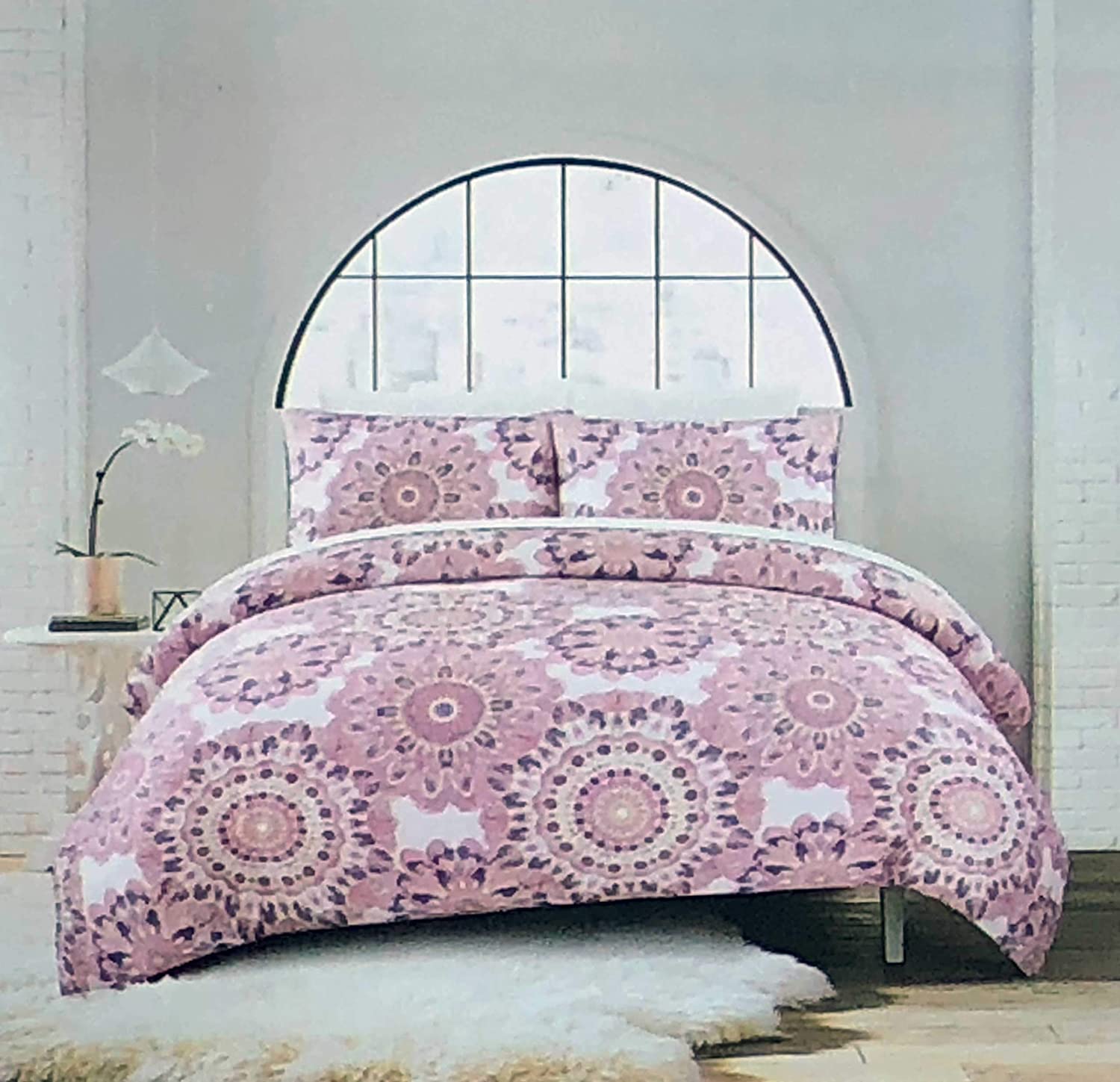 Price:$79.99 & Canopy 3Pc Duvet Cover Set Round Geo Floral Medallions in Shades of Pink and Dark Gray with Gold Highlights 100% Cotton Luxury Comforter Cover Shams Set (Full/Queen) : Home & Kitchen