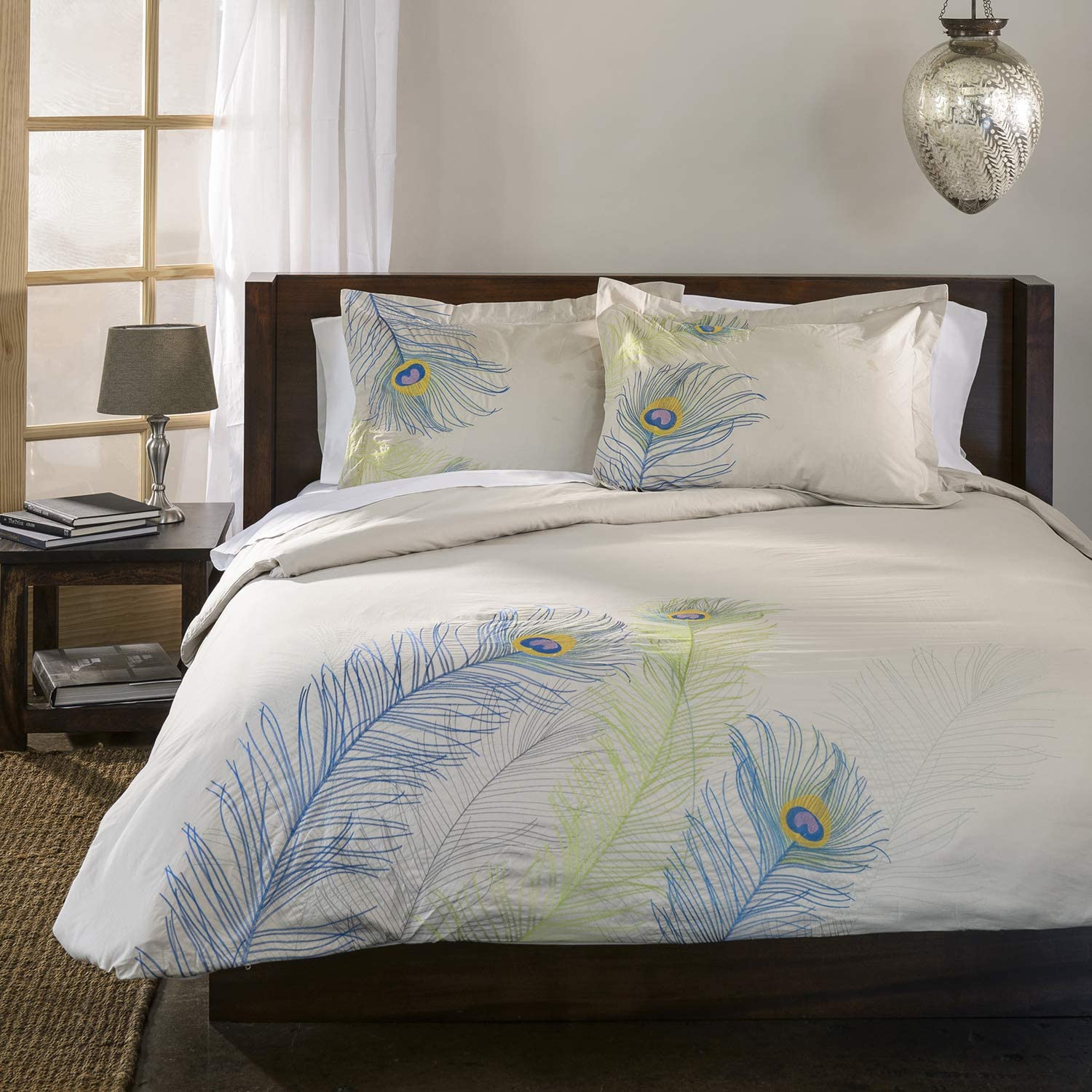 Price:$71.99 Peacock Embroidered Duvet Cover Set, Long-Staple Cotton, Full/Queen, Cream : Home & Kitchen