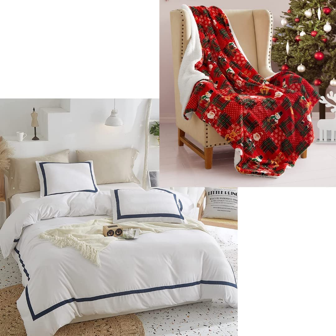 Price:$50.99 Bundle-White Duvet Cover King Size & Sherpa Christmas Throw Blanket, Microfiber Duvet Cover Set with Zipper Closure, Christmas Throw for Couch Sofa and Bed : Home & Kitchen