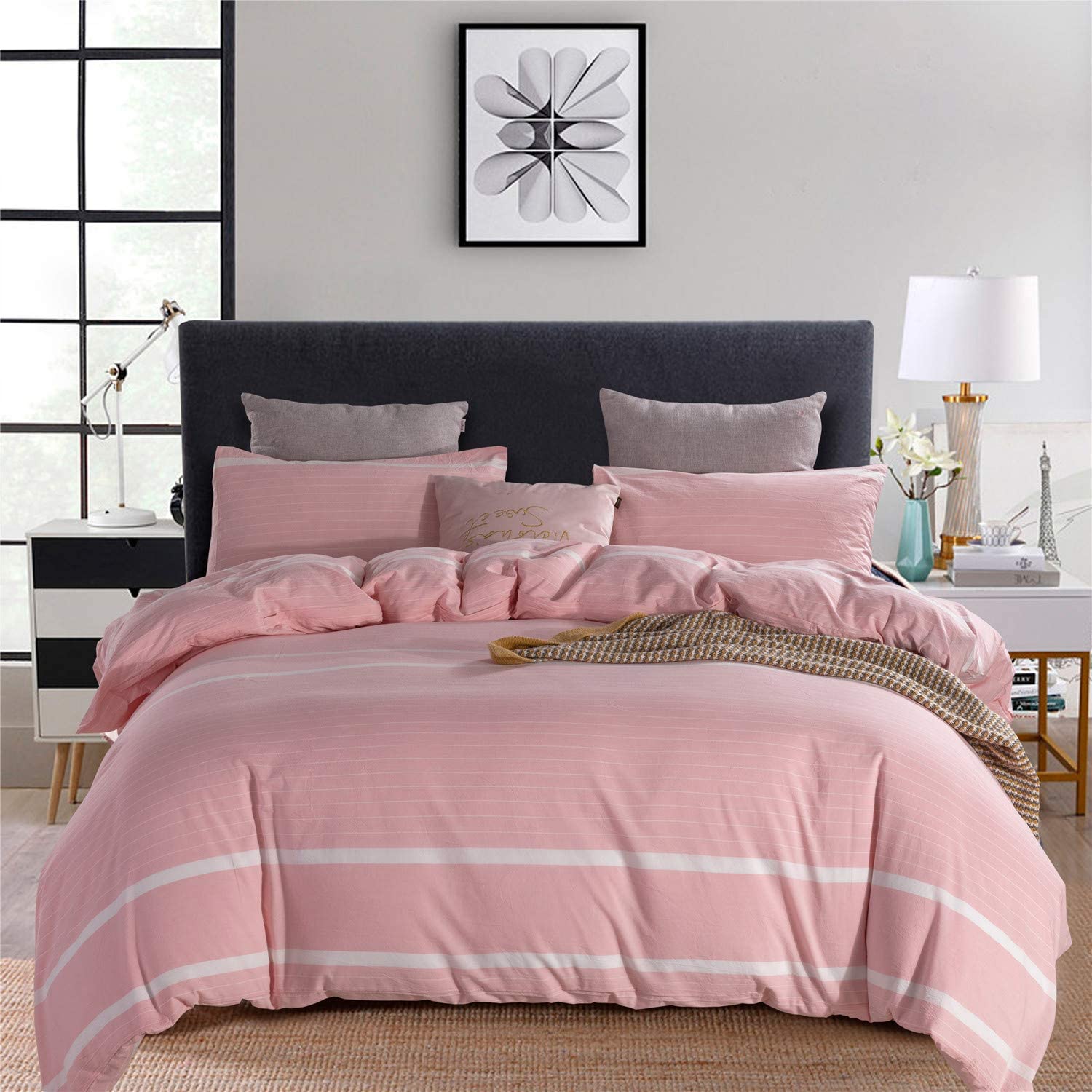 Price:$45.99 100% Natural Cotton 3pcs Striped Duvet Cover Sets,Stripes Pattern Printed Comforter Cover,with Zipper Closure & Corner Ties Super Soft and Easy Care (Pink Striped, Queen) : Home & Kitchen
