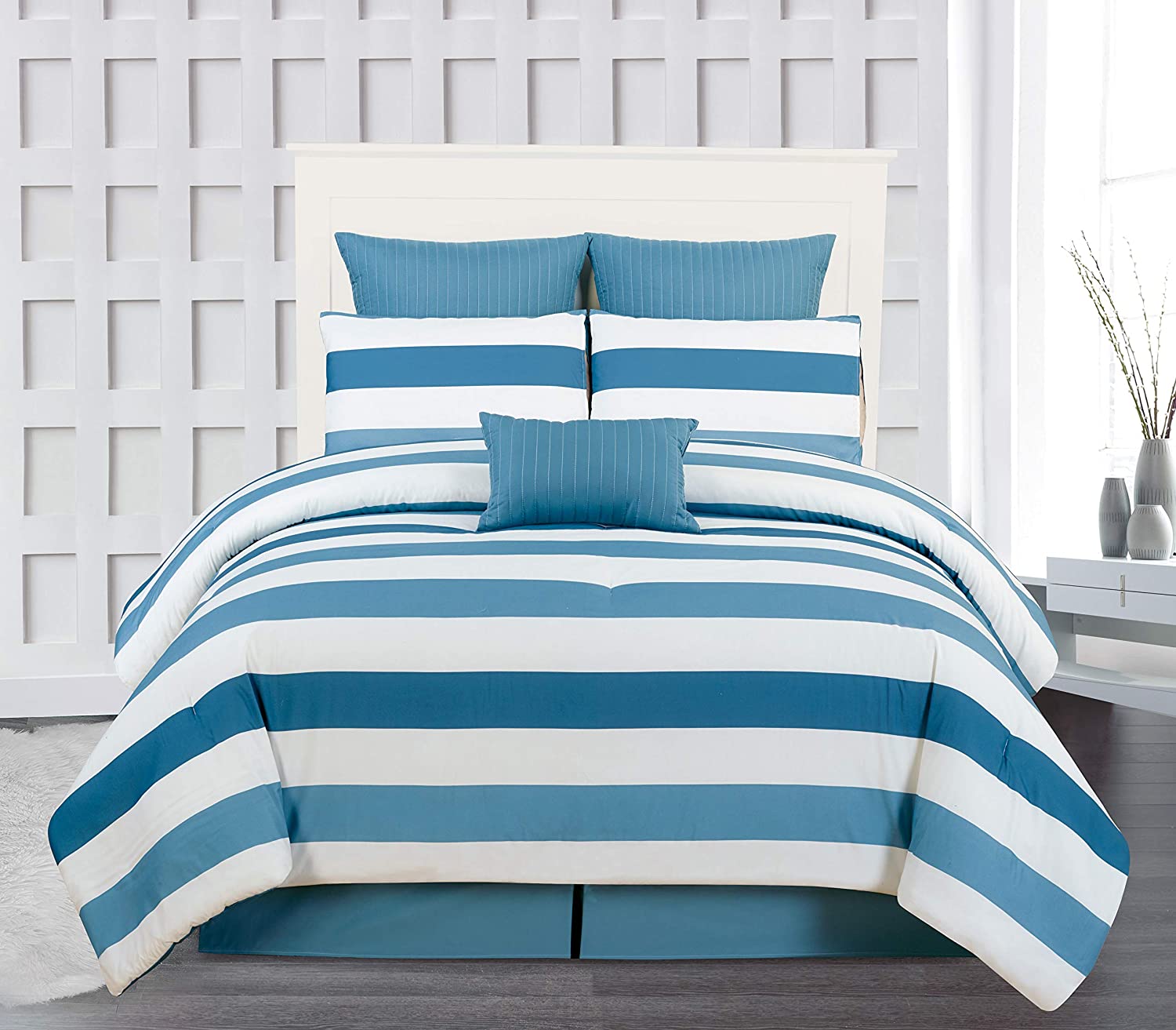 Price:$58.99 River Textile Darby Hotel Quality Luxury Comforter Duvet Insert Cover 100% Ultra Soft Hypoallergenic | 7 Piece Set | Stripe Collection, | Queen Size Navy Blue : Home & Kitchen