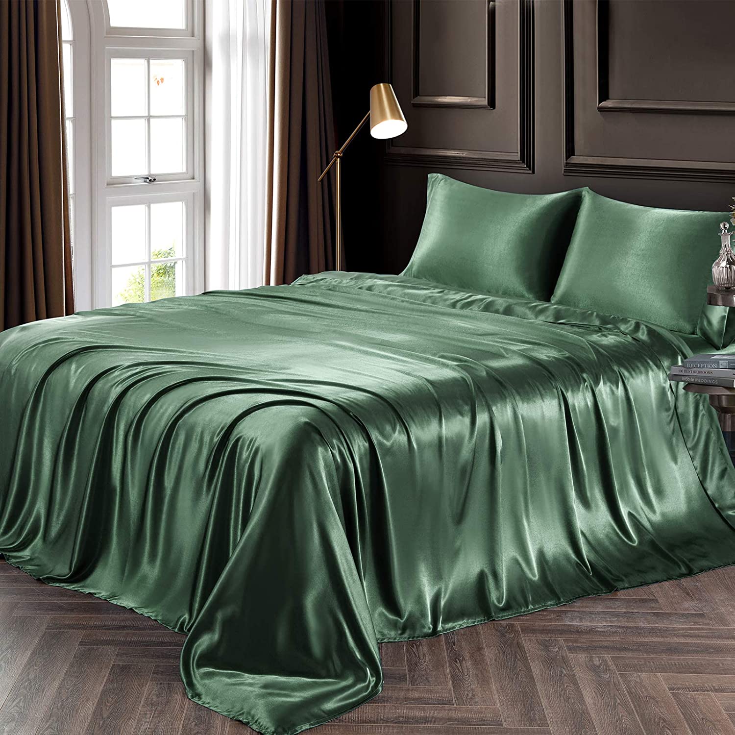 Price:$35.99 4 Piece Satin Sheets Queen Size Luxury Silky Satin Bed Sheets Set, Wrinkle, Fade, Stain Resistant, 1 Deep Pocket Fitted Sheet + 1 Flat Sheet + 2 Pillowcases (Woodland Green) : Everything Else