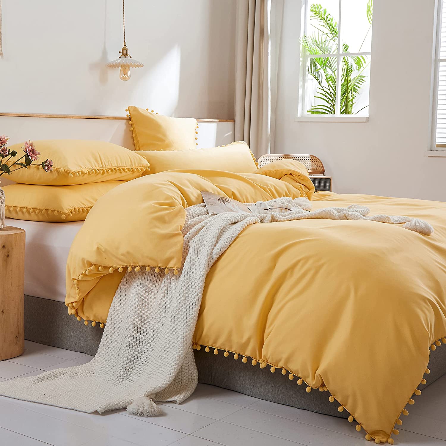 Price:$30.99 Yellow Pom Poms Duvet Cover King Size,3 Pcs 100% Microfiber Boho Soft Fringe Ball Textured Solid Color Duvet Cover Set,1 Duvet Cover 2 Pillow Shams (Yellow,King) : Home & Kitchen
