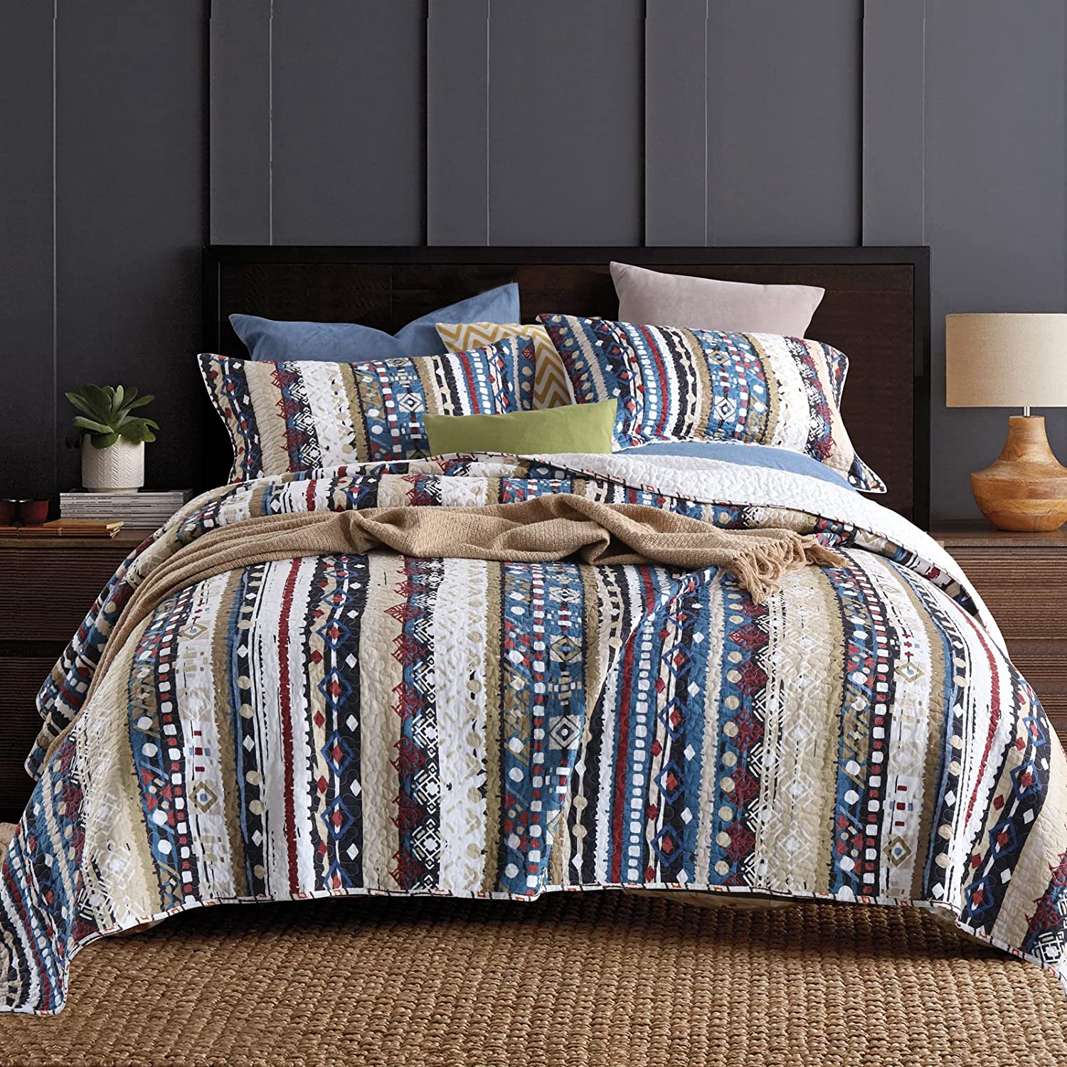 Price:$45.99 3 PCS Boho Striped Quilt Set Queen Lightweight Reversible Retro Strip Pattern Quilted Coverlet Soft Premium Cotton Micorfiber Blend Bedspread for All Season(Strips-Tan, Queen Size) : Home & Kitchen
