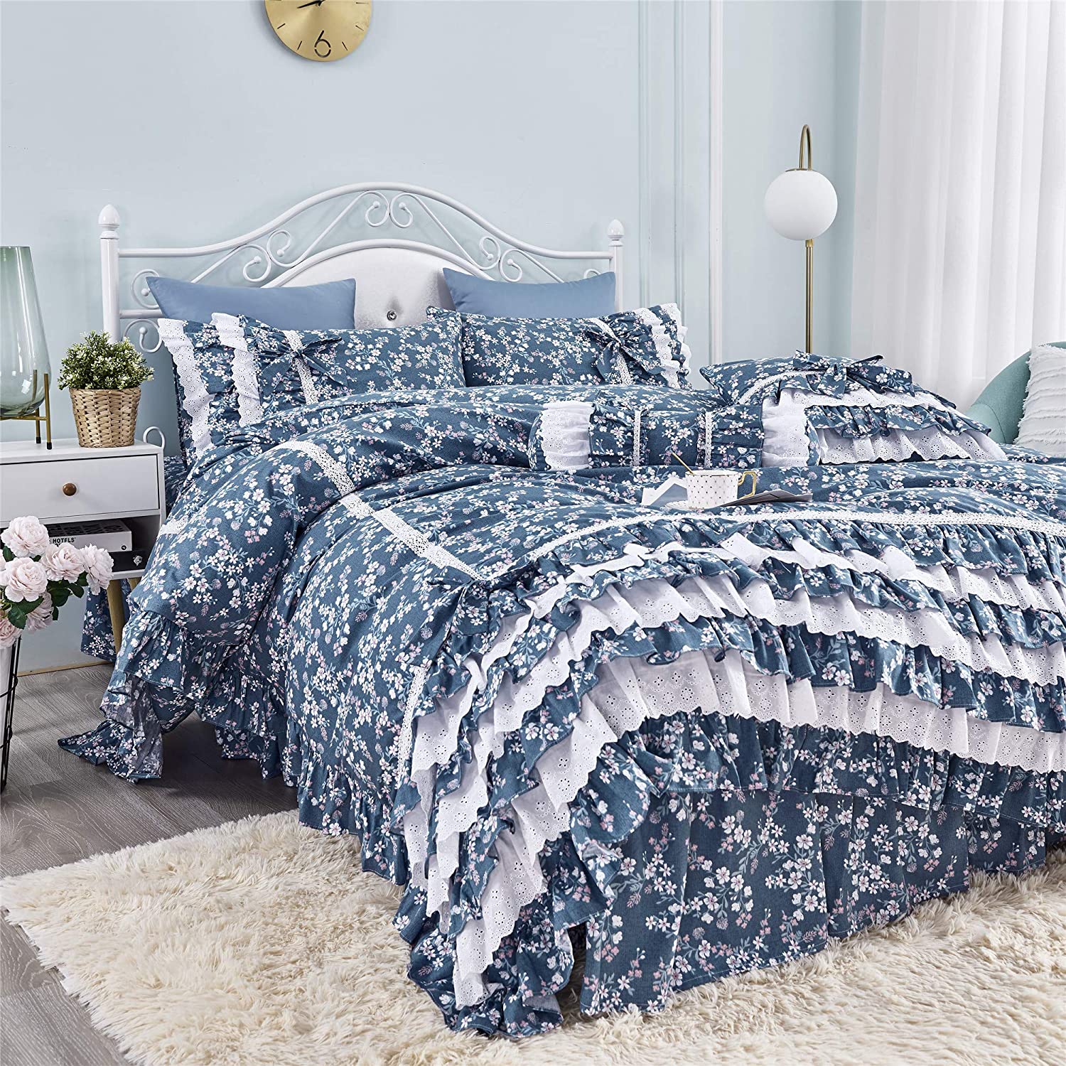 Price:$159.00 Vintage Floral Dovet Cover Set Elegant and Shabby Blue Farmhouse Bedding White Lace Ruffle Princess Girls Bedding 100% Cotton Ultra Soft Korean Bedding with Bedskirt, Twin Extra Long Size : Home & Kitchen
