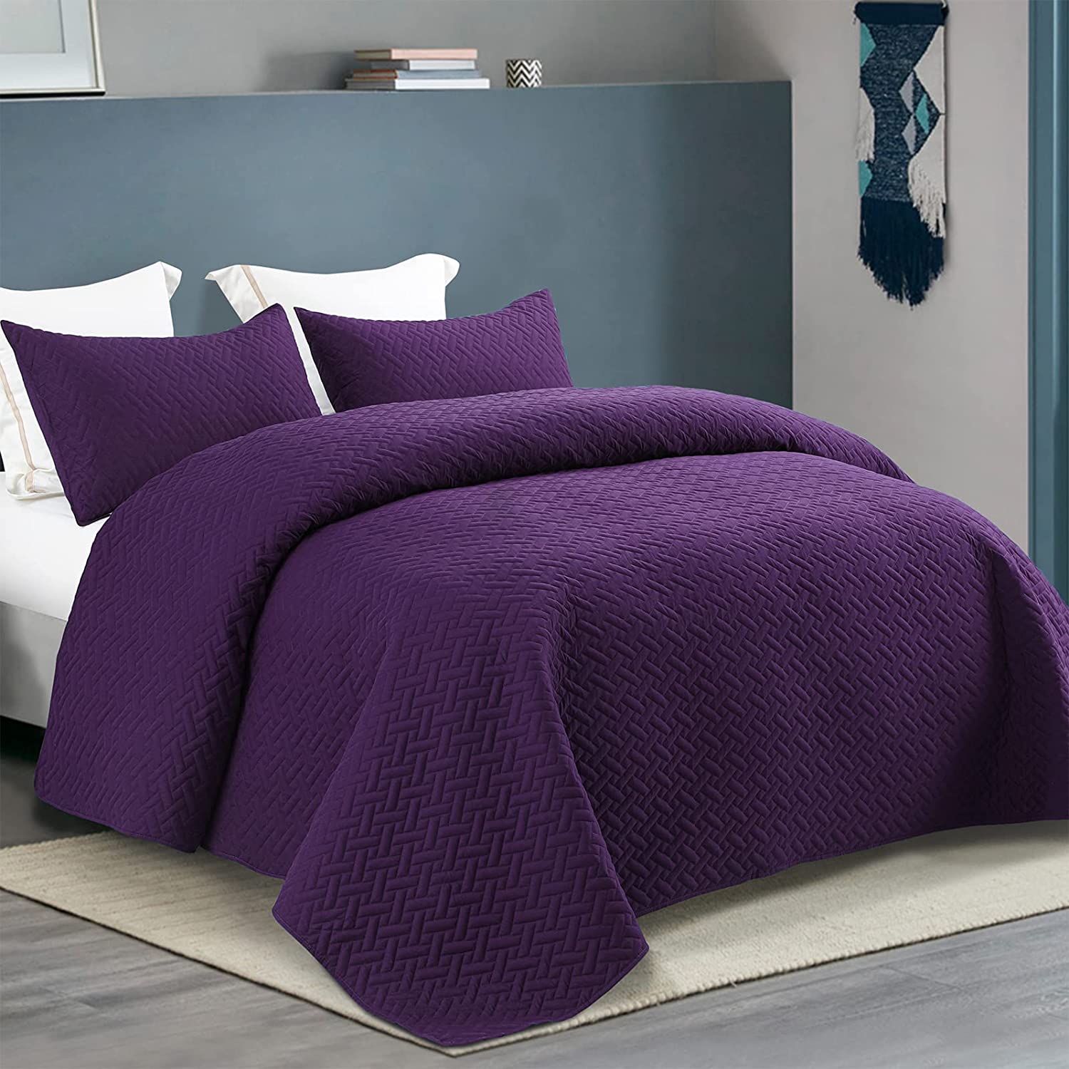 Price:$42.99 Mezcla 3-Piece King Size Quilt Set with Pillow Shams, Basket Quilted Bedspread/Coverlet/Bed Cover(96x104 Inches, Purple) -Soft, Lightweight and Reversible : Home & Kitchen