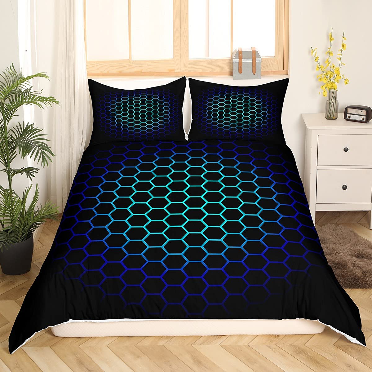 Price:$37.05 Bedding Set 3D Geometric Honeycomb Duvet Cover for Kids Boys Girls Luxury Beehive Hexagon Comforter Cover Neon Blue Teal Black Decor Bedspread Cover Bedroom Collection 2Pcs Twin Size : Home & Kitchen