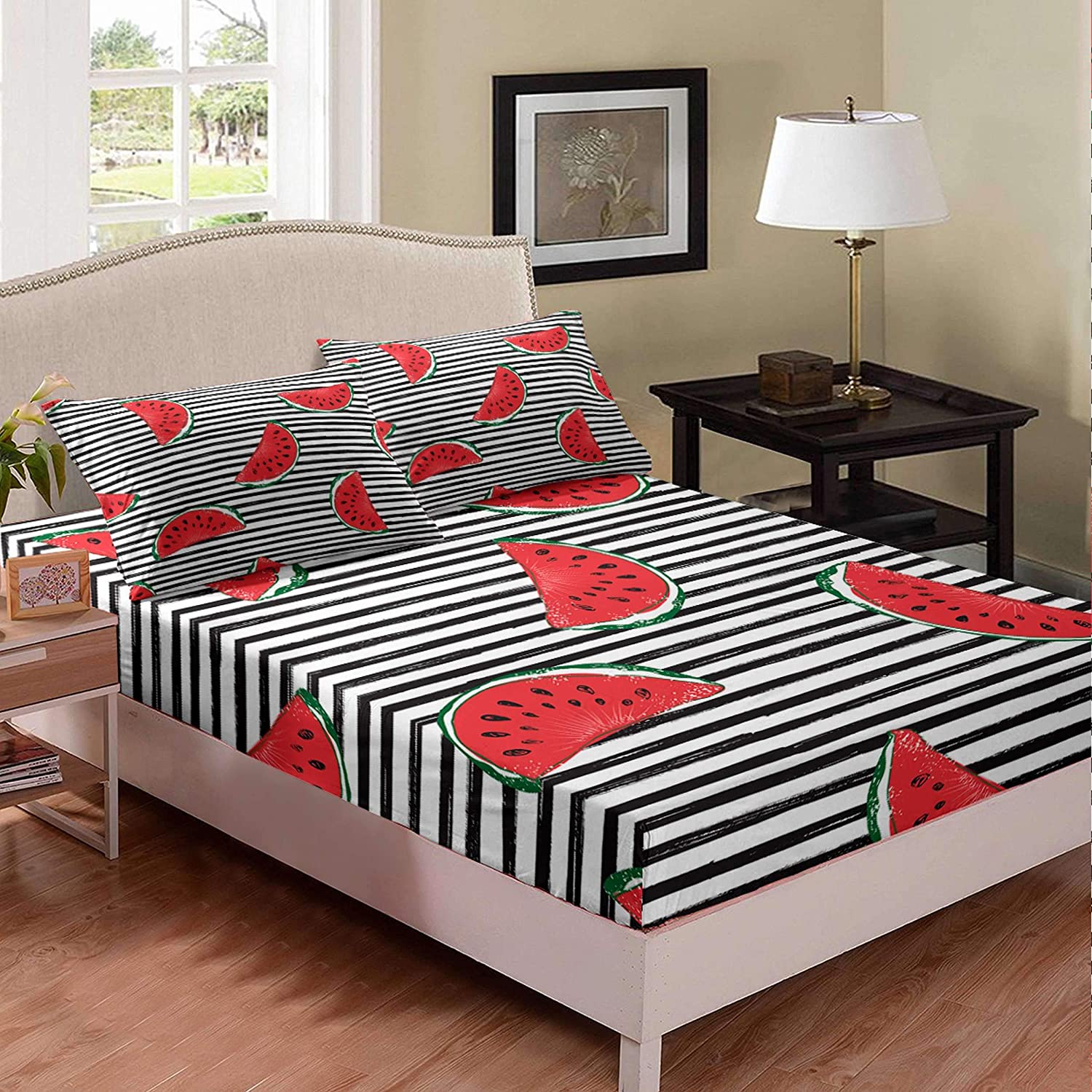Price:$9.99 Fairy Stripes Fitted Sheet Set,Seasonal Fruit Watermelon Slices,Soft Decorative Fabric Bedding All-Round Elastic Pocket, TwinXL Size,Black White : Home & Kitchen