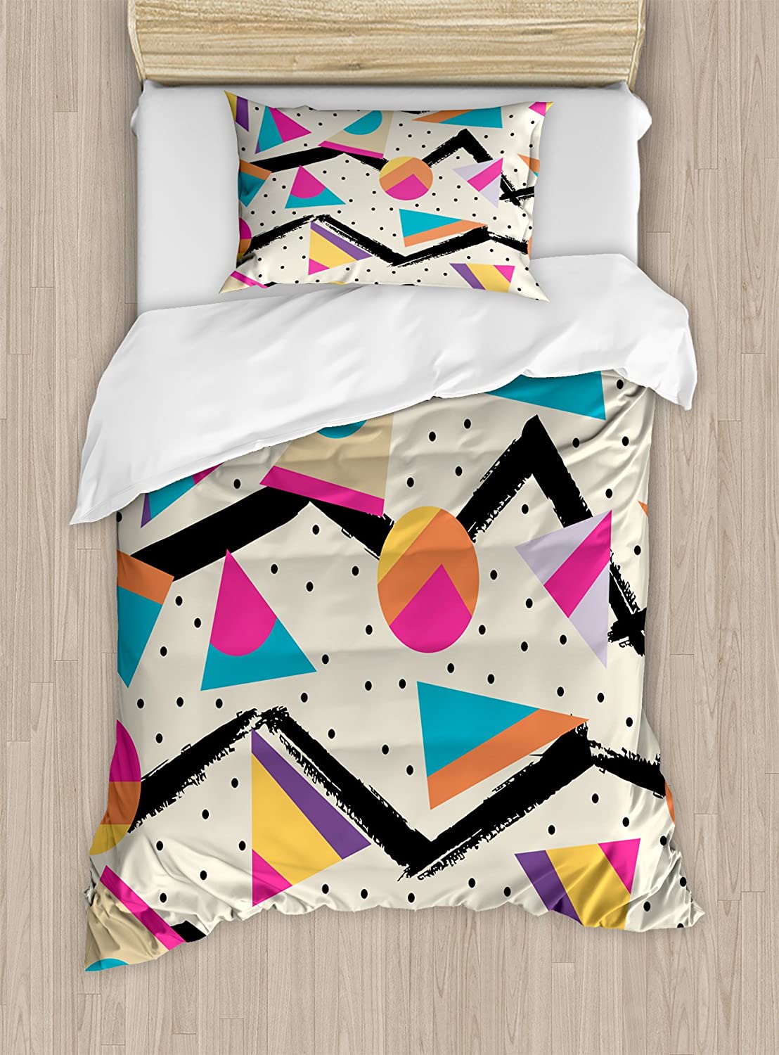 Price:$59.95 Indie Duvet Cover Set, Eighties Memphis Fashion Style Geometric Abstract Colorful Design with Dots Funky, Decorative 2 Piece Bedding Set with 1 Pillow Sham, Twin Size, Cream Pink : Home & Kitchen