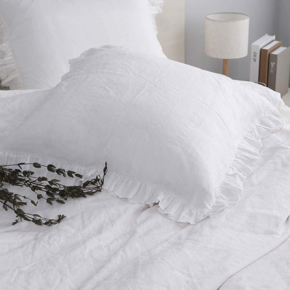 Price:$39.99 100% Linen Stone Washed Euro Sham with Ruffle 26x26 Inch Pillow Cover Set of 2, Home Decoration Pillow, Soft and Breathable, White : Everything Else