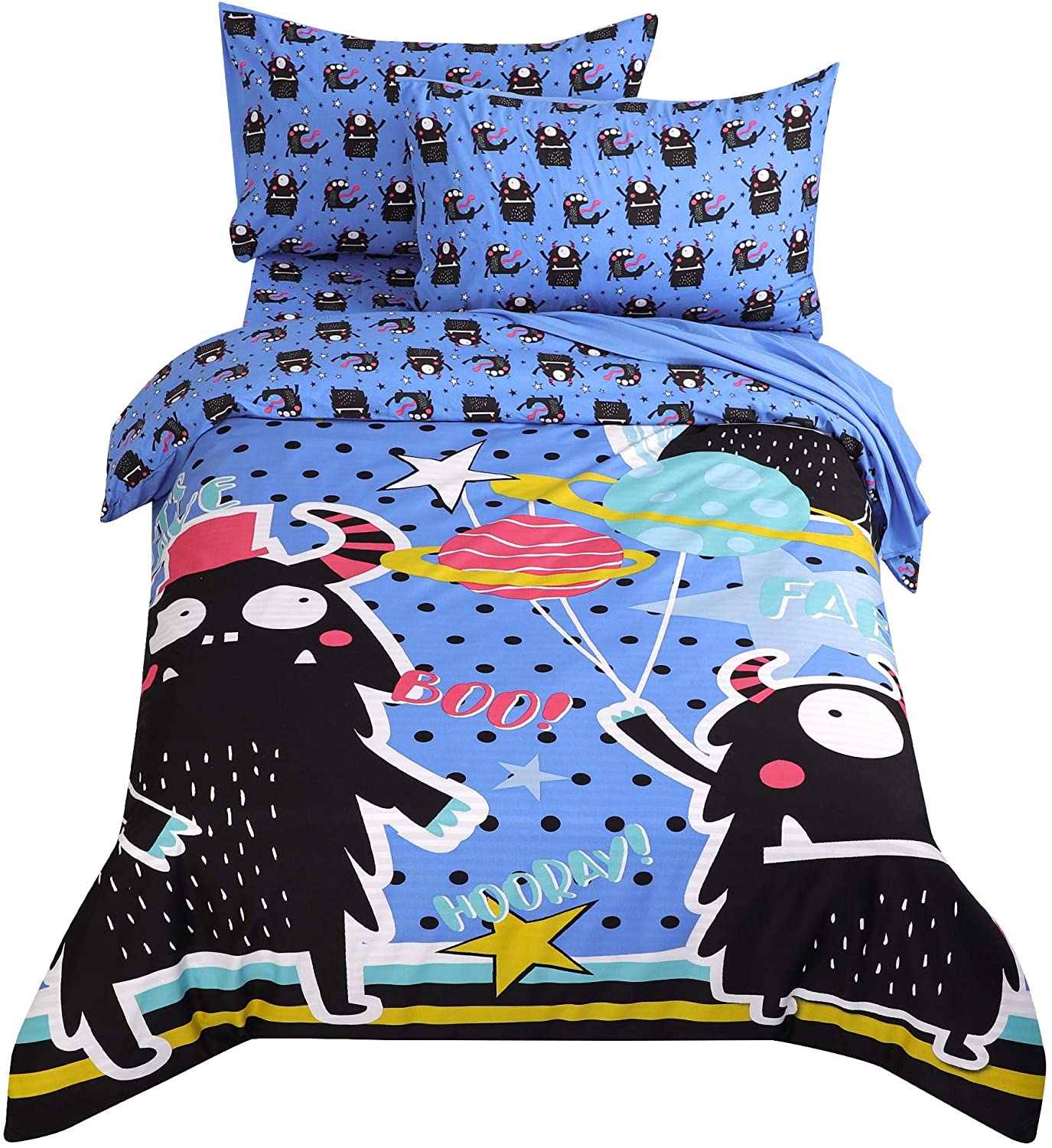 Price:$33.99 Kids Duvet Cover Set 5 Piece Bedding Set Soft Fade & Wrink Black Monster Print with 2 Pillowcases Fitted Sheet Flat Sheet Twin : Home & Kitchen