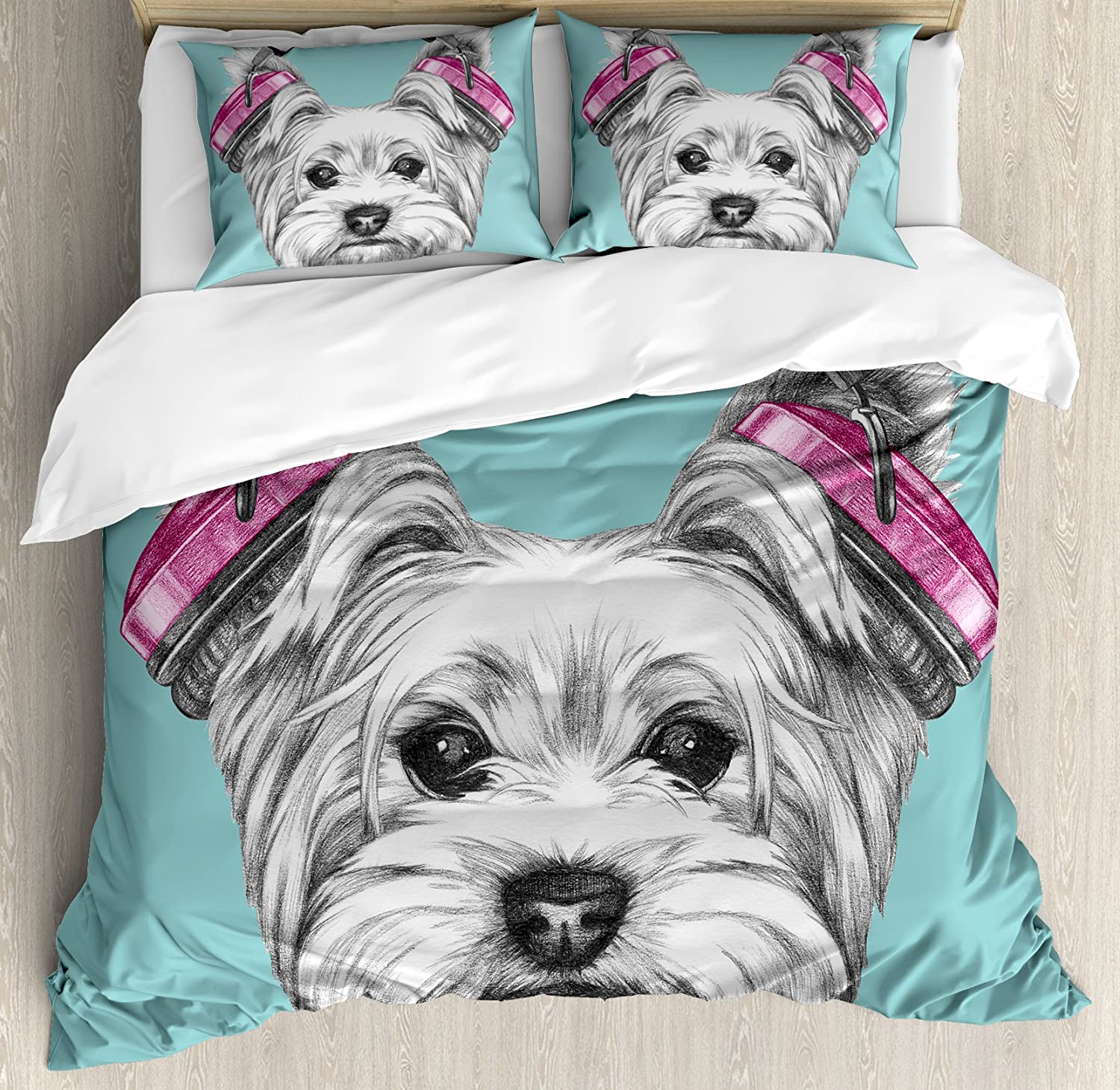Price:$79.95 Yorkie Duvet Cover Set, Dog with Headphones Music Listening Yorkshire Terrier Hand Drawn Caricature, Decorative 3 Piece Bedding Set with 2 Pillow Shams, Queen Size, Blue White : Home & Kitchen