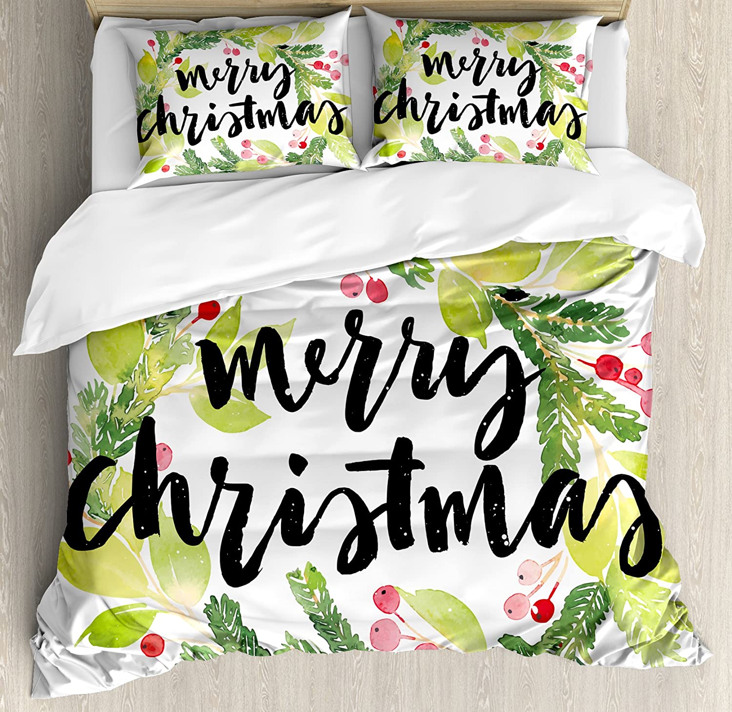 Price:$47.98 Christmas Duvet Cover Set, Watercolor Painting Style Christmas Wreath and Hand Lettering Mistletoe, Decorative 3 Piece Bedding Set with 2 Pillow Shams, Queen Size, Black Green White : Home & Kitchen