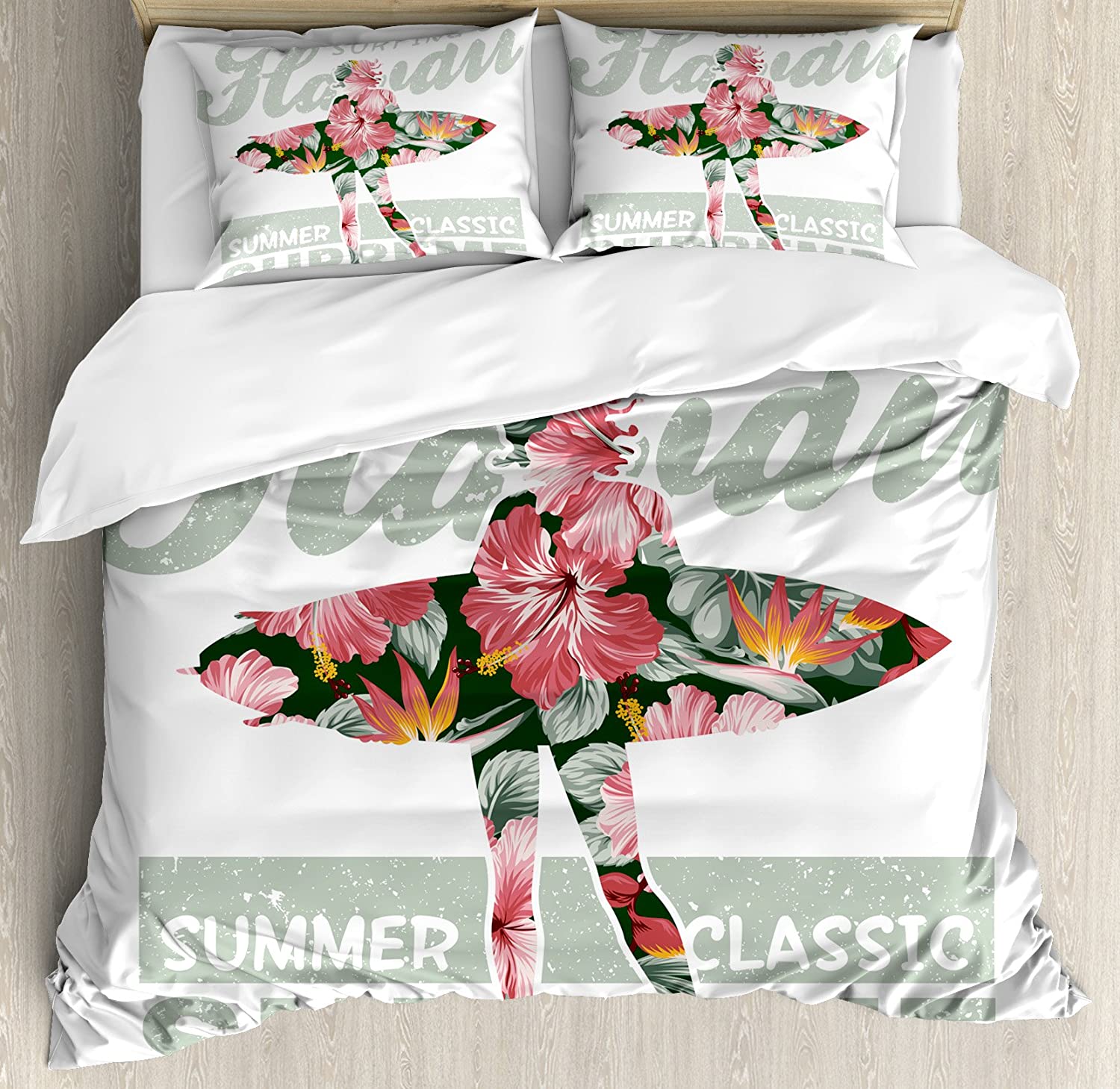 Price:$79.95 Hawaiian Duvet Cover Set, Tropical Hawaii Hibiscus Surfing Girl Silhouette Surfboard Retro Themed Artprint, Decorative 3 Piece Bedding Set with 2 Pillow Shams, Queen Size, Coral Green : Home & Kitchen
