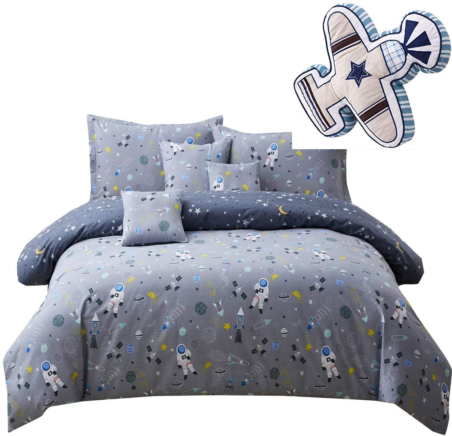 Price:$92.90 Kids Bedding Sets Twin Size Outer Space Themed Boys Astronaut Bedding Gray 100% Cotton Duvet Cover Set 4-Piece : Home & Kitchen