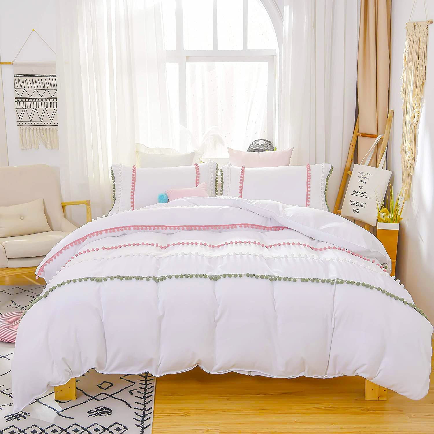 Price:$39.99 Pom Pom Full Duvet Cover Set - White Cute Duvet Cover Bedding Set, Washed Cotton Trim Boho Bohemian Triple Luxury Chic for Farmhouse : Home & Kitchen