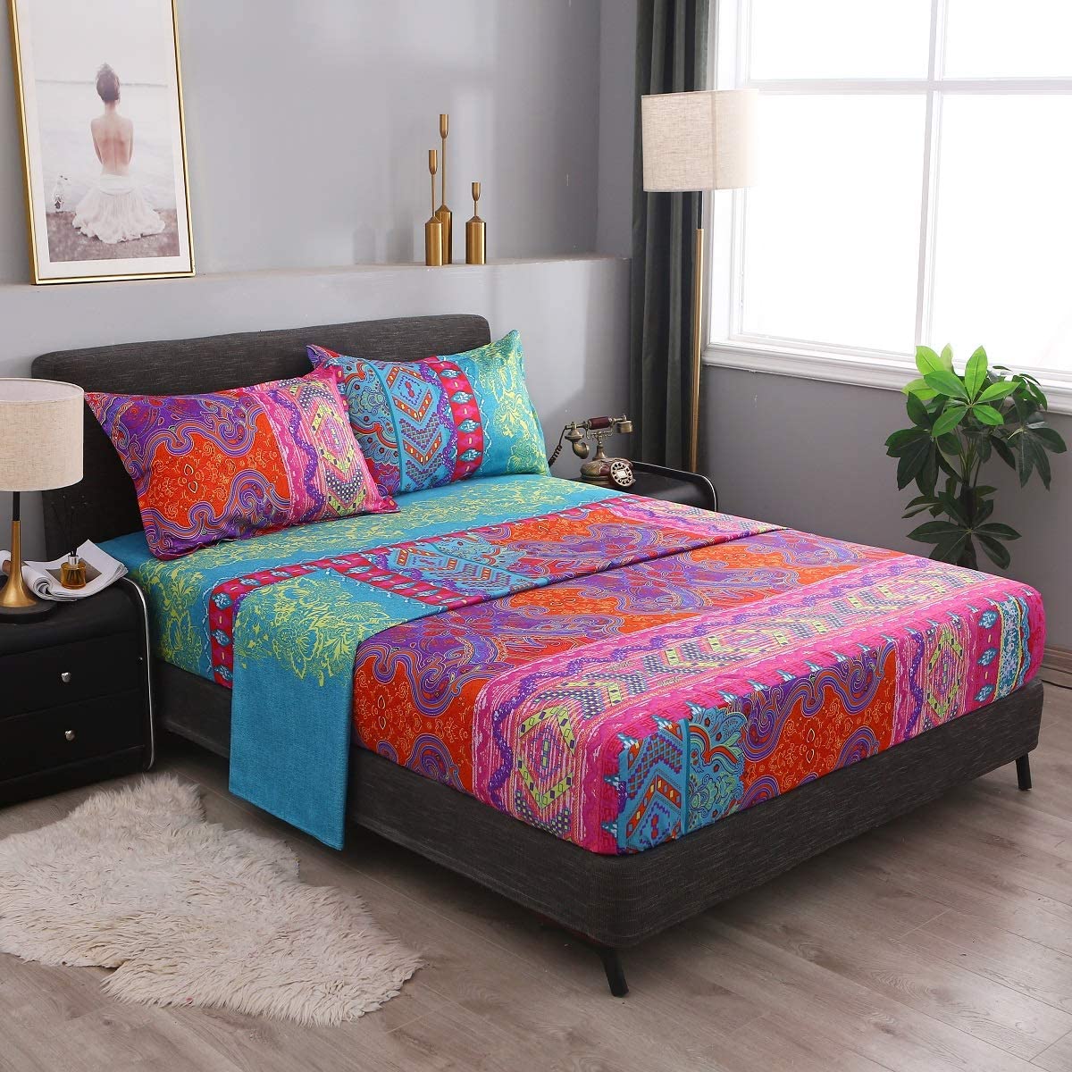 Price:$37.80 Bohemian Retro Bedding Sheet Set ,Boho Sheets-1 Fitted Sheet, 1 Flat, 2 Pillow Cases - 4 Piece (Queen, Red) : Home & Kitchen