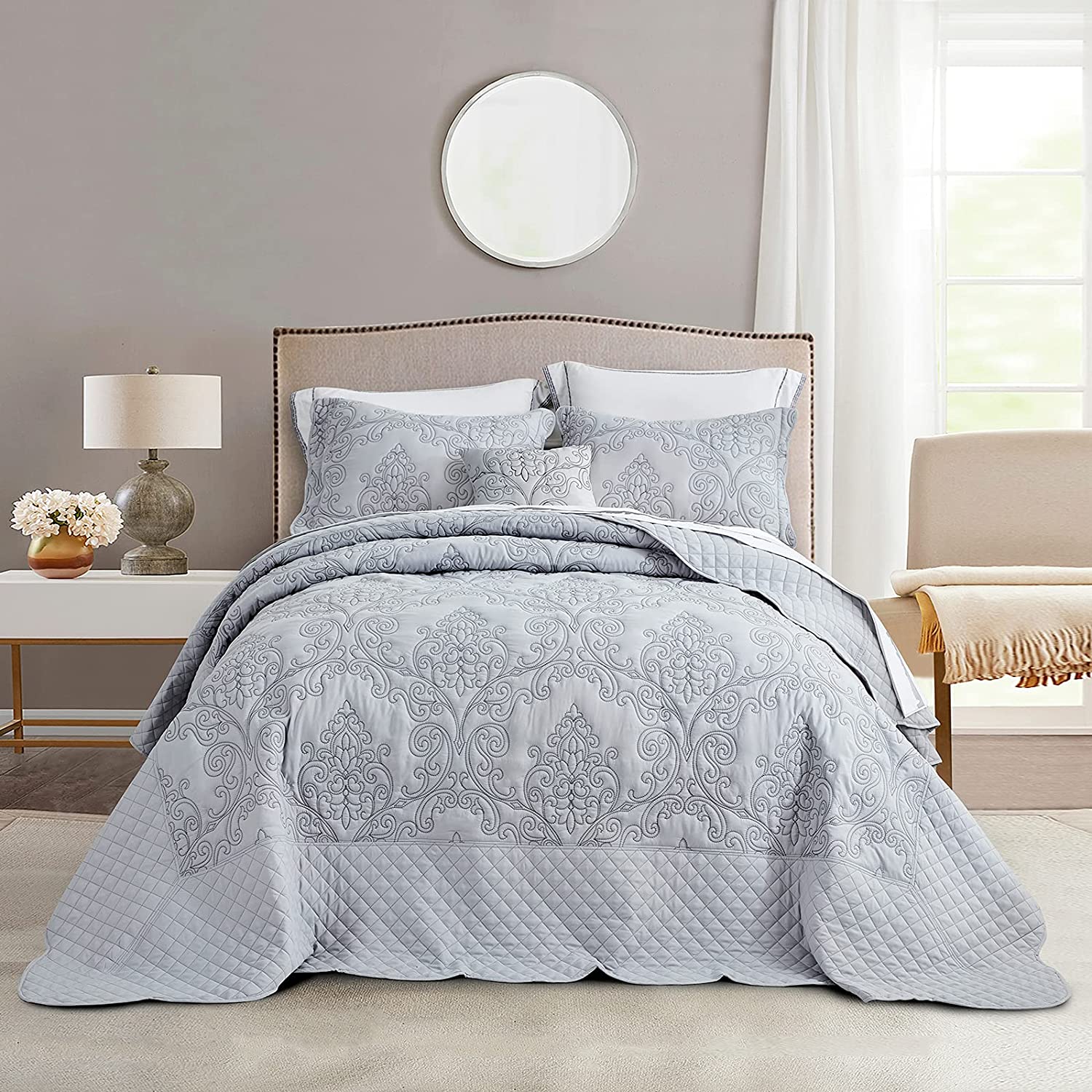 Price:$125.99 Oversized Bedspread Coverlet Set Grey - King Size Lightweight Thin Comforter - 4 Piece Reversible Bedding Cover Set for All Season - Attractive Embossed Floral Solid Pattern : Home & Kitchen
