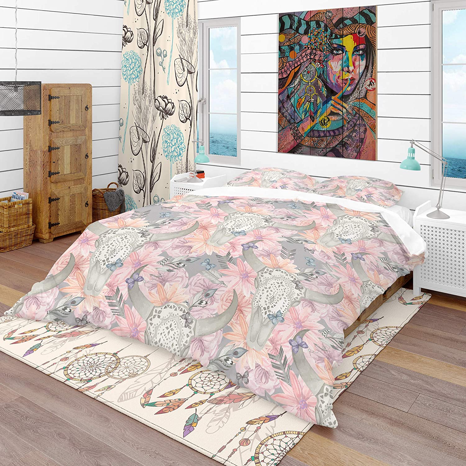 Price:$120.04 'Skull Bull in Flowers' Bohemian & Eclectic Duvet Cover Set : Home & Kitchen