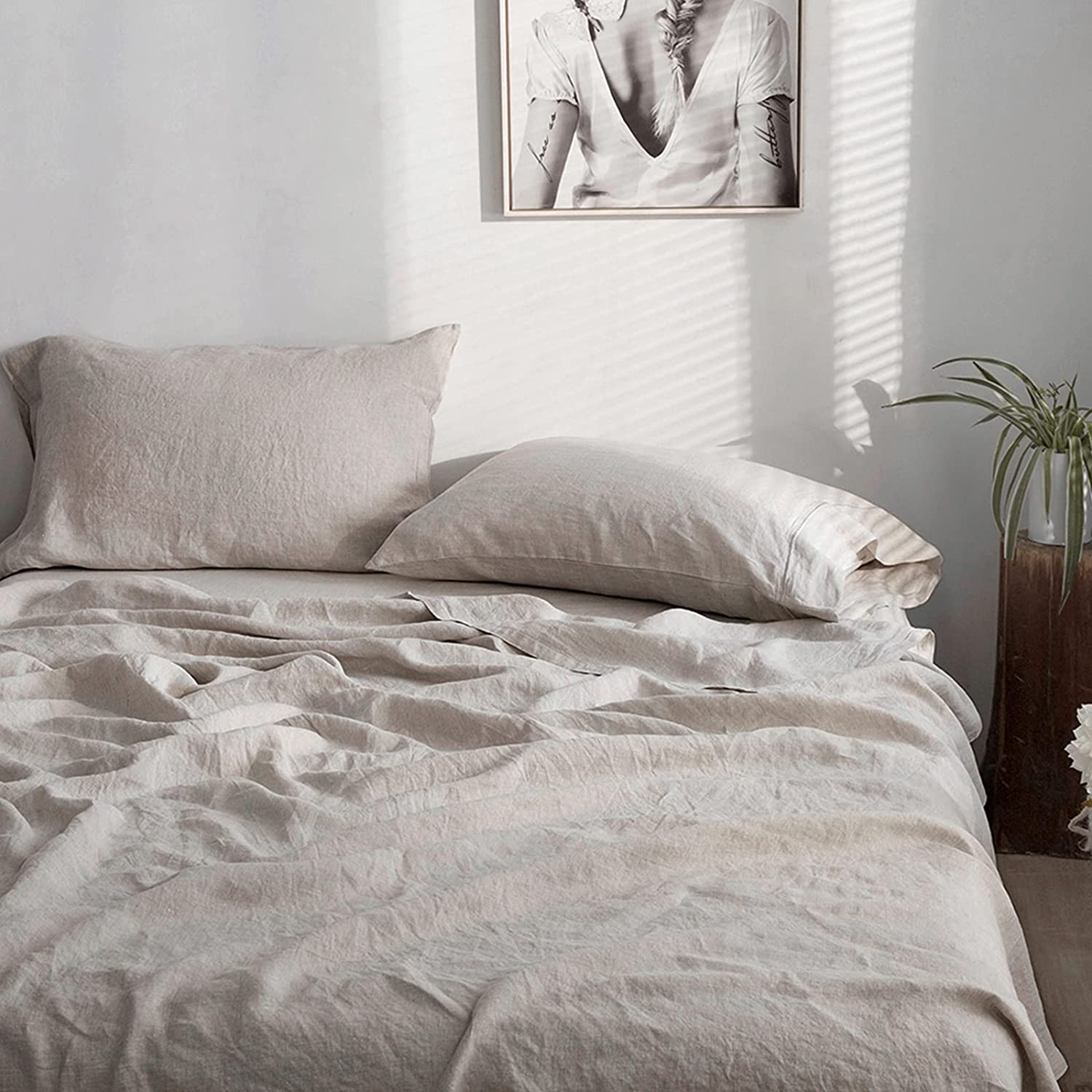 Price:$144.00 100% Linen Sheet Set with Embroidery Washed - 4 Pieces (1 Flat Sheet & 1 Fitted Sheet & 2 Pillowcases) Natural Flax Soft Bedding Breathable Farmhouse - Linen, King Size : Everything Else