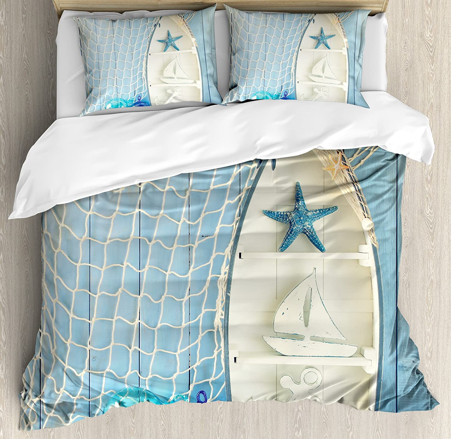 Price:$79.95 Nautical Duvet Cover Set, Sea Objects on Wooden Backdrop with Vintage Boat Starfish Shell Fishing Net Photo, Decorative 3 Piece Bedding Set with 2 Pillow Shams, Queen Size, Blue Cream : Home & Kitchen