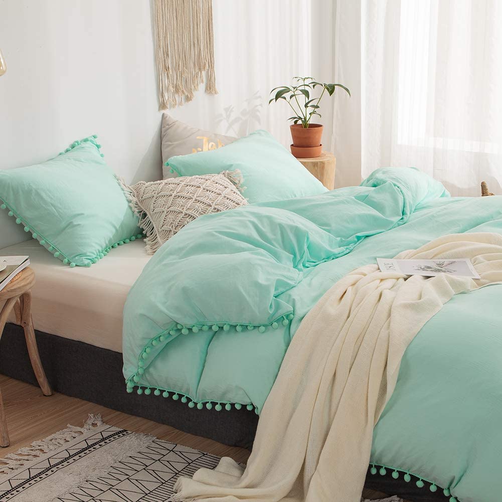 Price:$44.99 Pieces Turquoise Blue Bedding Aqua Duvet Cover Set Ball Fringe Pattern Design Soft Turquoise Bedding Sets King 1 Poms Lace Duvet Cover 2 Pillow Shams (King, Turquoise) : Home & Kitchen