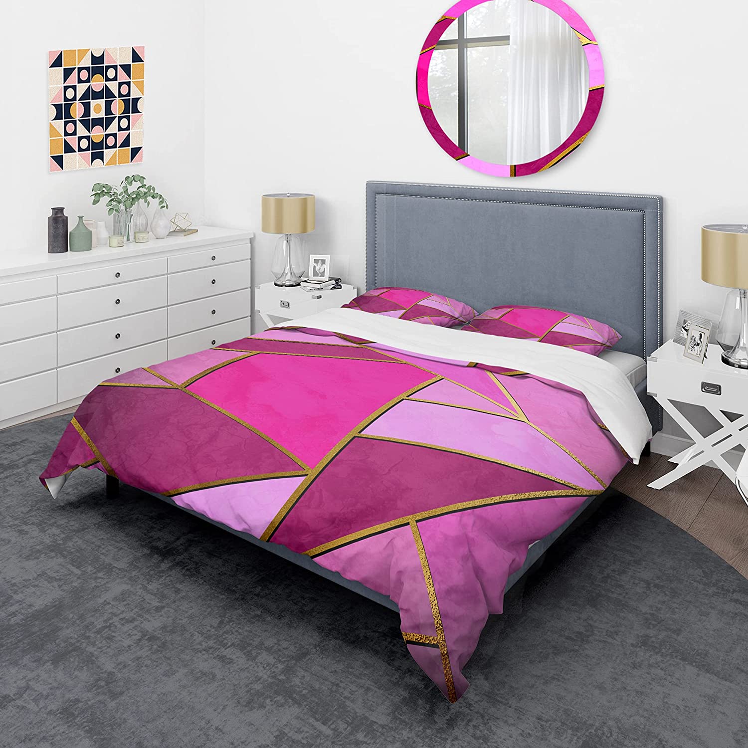 Price:$120.09 'Yellow Triangular Composition Over Shades of Purple and Pink' Modern & Contemporary Duvet Cover Set : Home & Kitchen