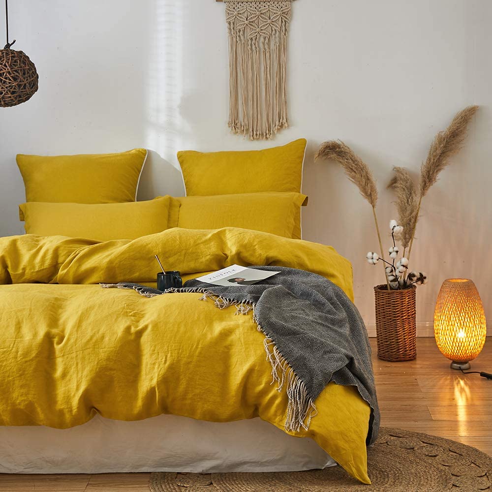Price:$34.99 100% Linen Duvet Cover Set Queen 3 Pieces Solid Color Basic Style Bedding Set+2 Euro Shams 26"x26",Mustard Yellow : Home & Kitchen