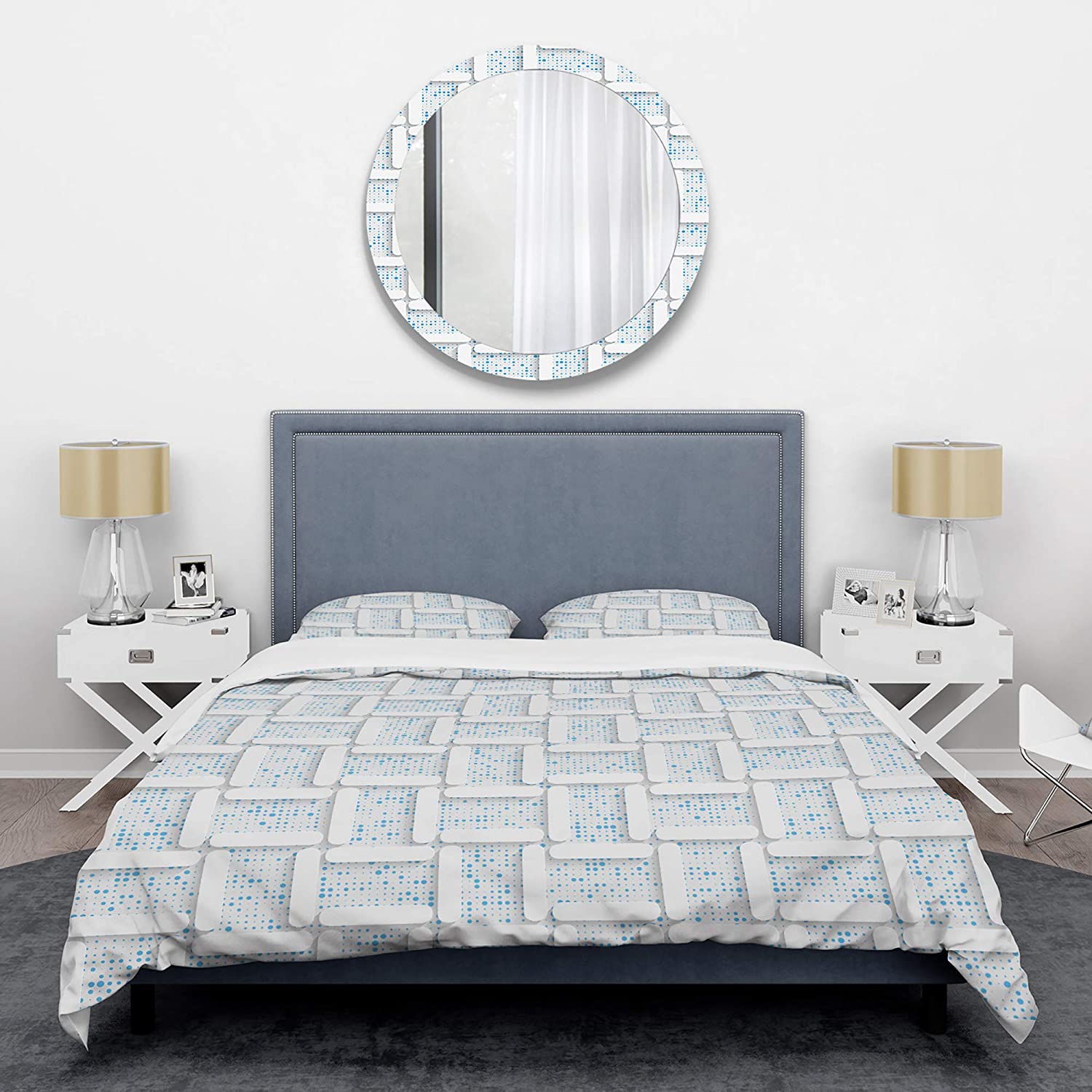 White and Light Blue Pattern I' Mid-Century Modern Duvet Cover Set : Home & Kitchen