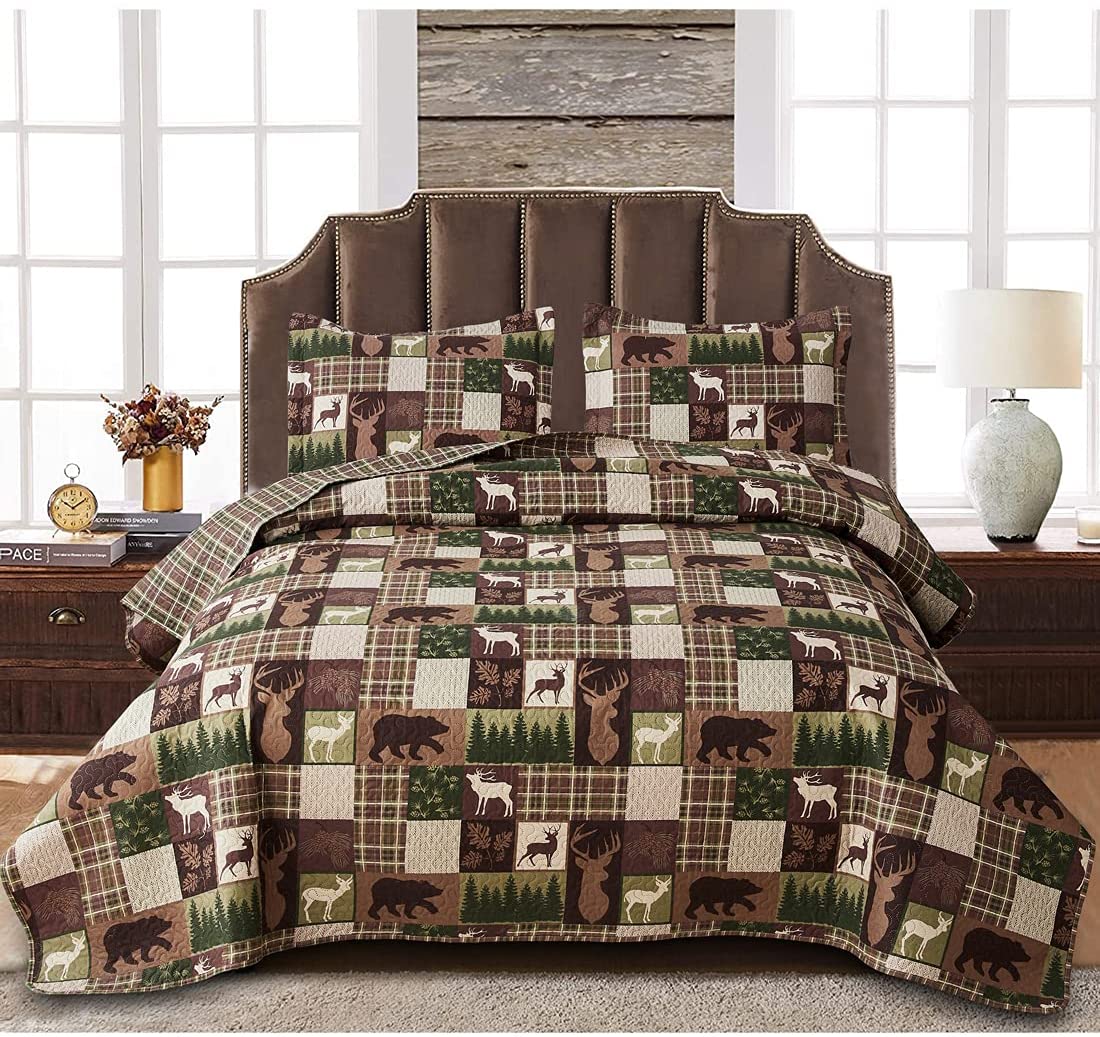 Price:$37.99 Lodge Plaid Bedding Quilt King Size Reversible Rustic Cabin Bedspread Wildlife Forest Bear Moose Coverlet Summer Lightweight Bed Cover Pillow Shmas : Home & Kitchen