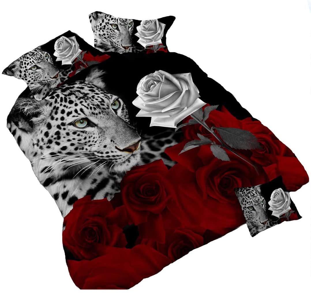 Price:$36.98 Leopard White and Red Rose 3D Bedding Set Floral Prints Duvet Cover Double Size Comforter Cover Set : Home & Kitchen