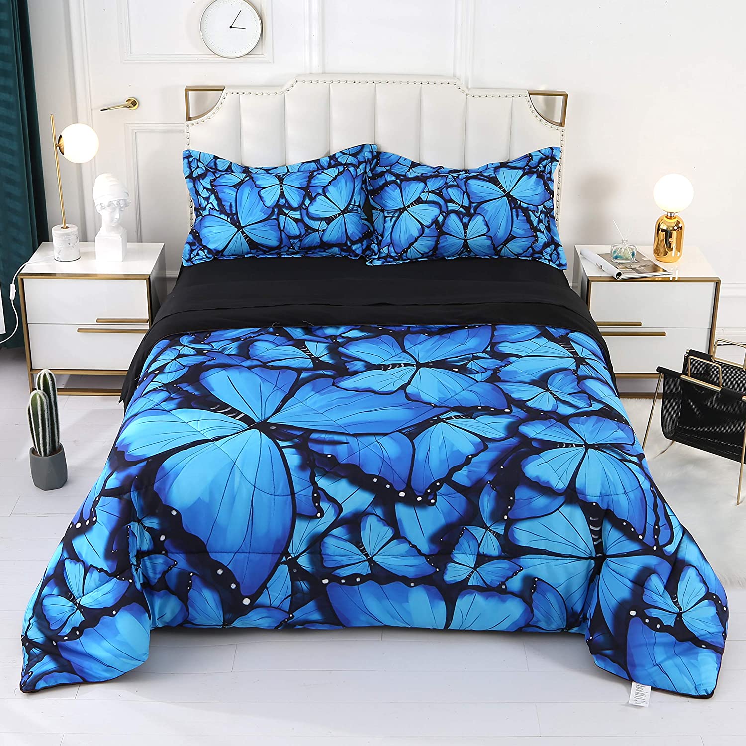 Price:$68.99 Butterfly Comforter Full Blue Butterfly and Flowers Black Bed Set 5 Piece with Comforter, Flat Sheet, Fitted Sheet and 2 Pillow Cases(Blue Butterfly, Full) : Home & Kitchen
