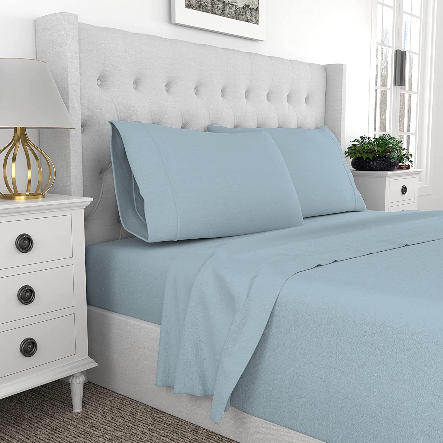 Price:$44.99 Home 300 Thread Count 100% Organic Cotton Percale Weave 4 Piece Sheets Set, Brushed for Softness, Cool Crisp, GOTS Certified, Fitted Sheet Fits Mattress Upto 18" Deep Pocket (King Size, Aqua) : Home & Kitchen