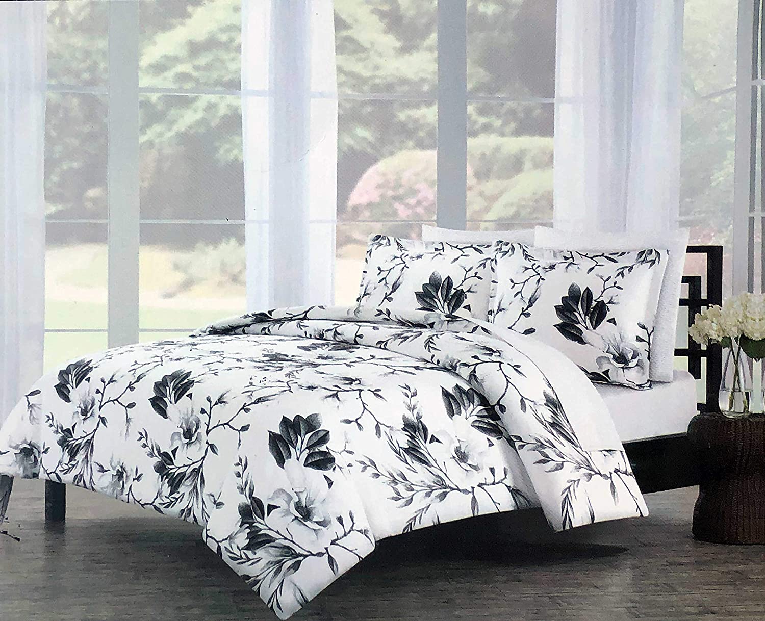 Price:$84.99 Collection 3pc Reversible Duvet Cover Set Floral Tree Pattern in Shades of Black and Gray on White - Leah Botanical (Full/Queen) : Home & Kitchen