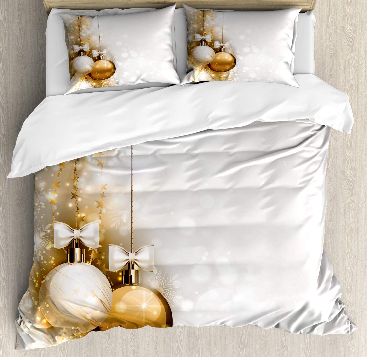 Price:$47.98 Christmas Duvet Cover Set, Featured Xmas Baubles with Ribbon Holiday Wish Artwork Image Illustration, Decorative 3 Piece Bedding Set with 2 Pillow Shams, Queen Size, White and Beige : Home & Kitchen