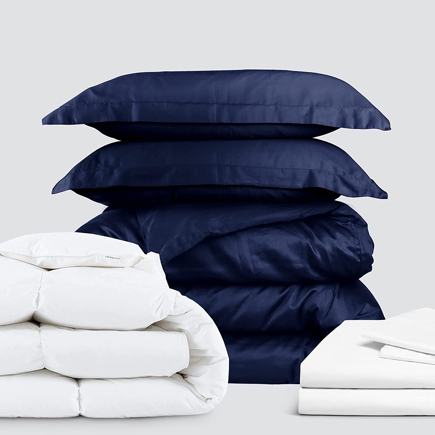Price:$105.64 All Cotton Collection Bedding Bundle - 3 Piece Duvet Set (Full, Navy Blue) & 4 Piece Sheet Set (Full, White) & Goose Down Comforter (Full) : Home & Kitchen