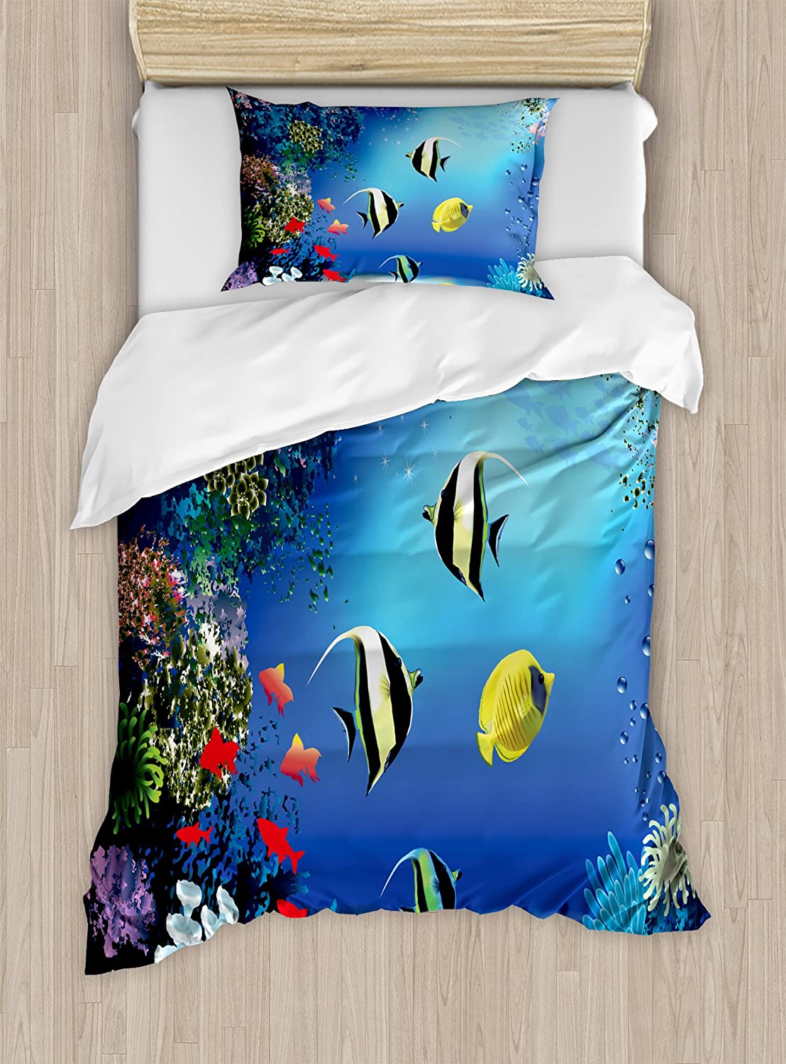 Price:$59.95 Underwater Duvet Cover Set, Tropical Undersea with Colorful Fishes Swimming in The Ocean Coral Reefs Image, Decorative 2 Piece Bedding Set with 1 Pillow Sham, Twin Size, Blue Navy : Home & Kitchen