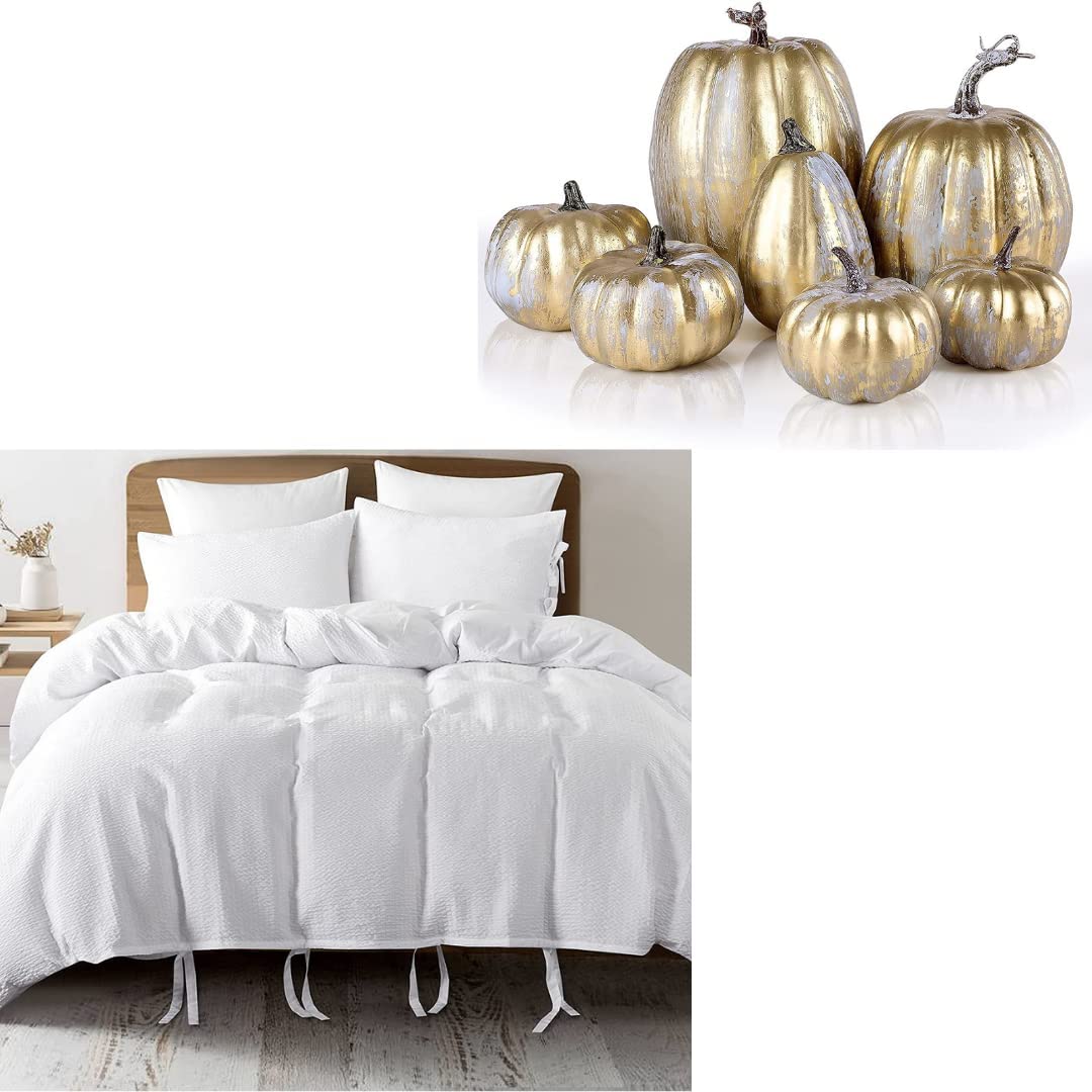 Price:$52.99 Bundle-Seersucker White Duvet Cover(Queen Size) & 7Pcs Artificial Pumpkins Decoration Kit, 3 Pieces 100% Washed Microfiber Duvet Cover Set, Fall Pumpkin Decor for Thanksgiving : Home & Kitchen