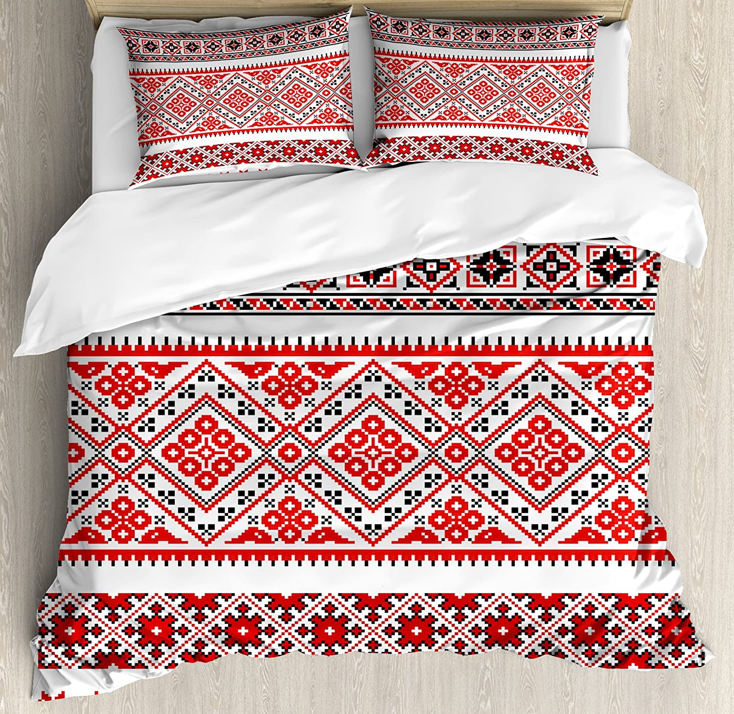 Price:$53.98 Art Duvet Cover Set, Traditional Ukrainian Borders Frames Ornaments Old Fashioned Cultural Motifs, Decorative 3 Piece Bedding Set with 2 Pillow Shams, King Size, Vermilion White : Home & Kitchen
