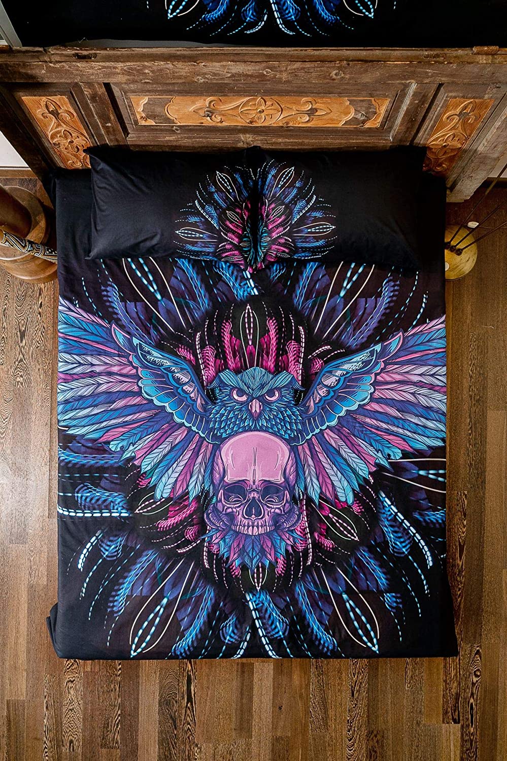 Price:$53.29 Wings 100% Cotton Owl and Skull Themed Duvet Cover Set, Full/Queen Size Bedding Set, Duvet Cover and 2 Pillowcases, (3 Pieces) : Home & Kitchen