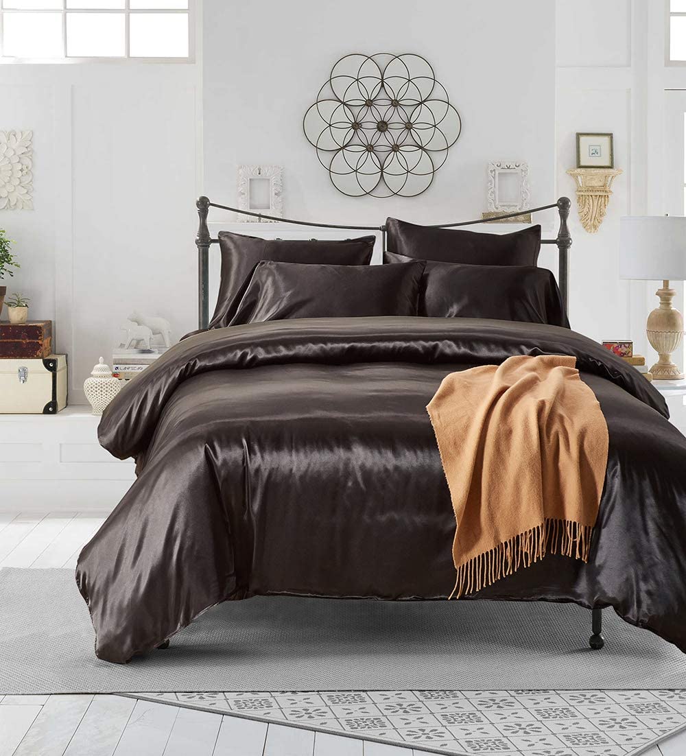 Price:$31.15 Silky Satin Duvet Cover Set Bedding 3pcs Solid Color Durable Breathable Soft Comfy Hyperallergic Wrinkle Fade Resistant Ultra Luxury Pillow Covers Matching Sham Cases,Black,Twin : Home & Kitchen